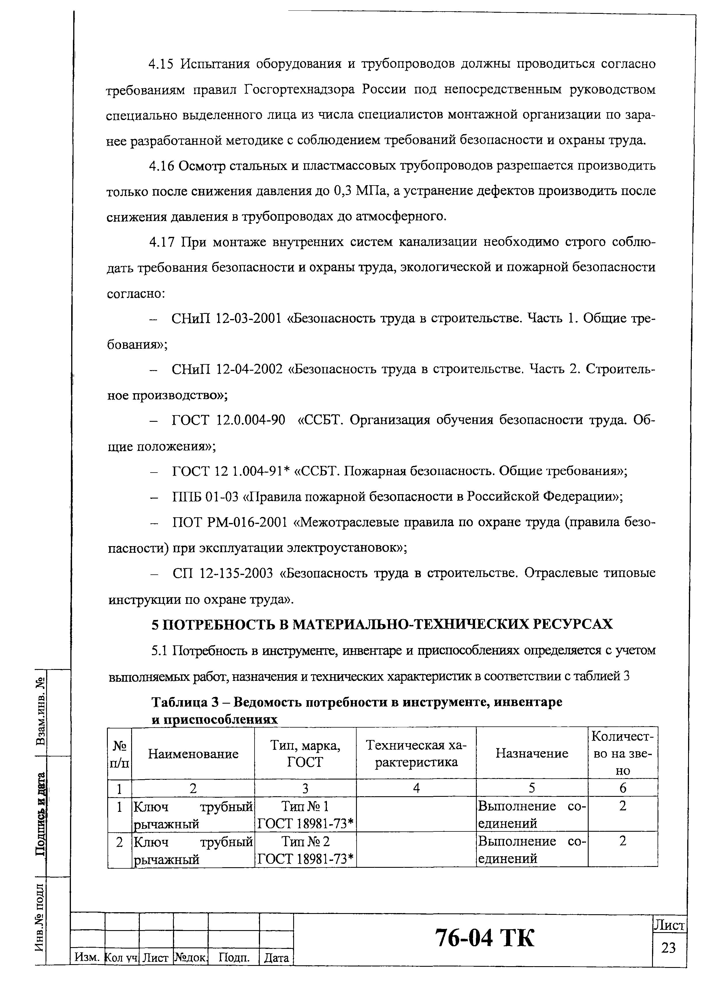 Технологическая карта 76-04 ТК