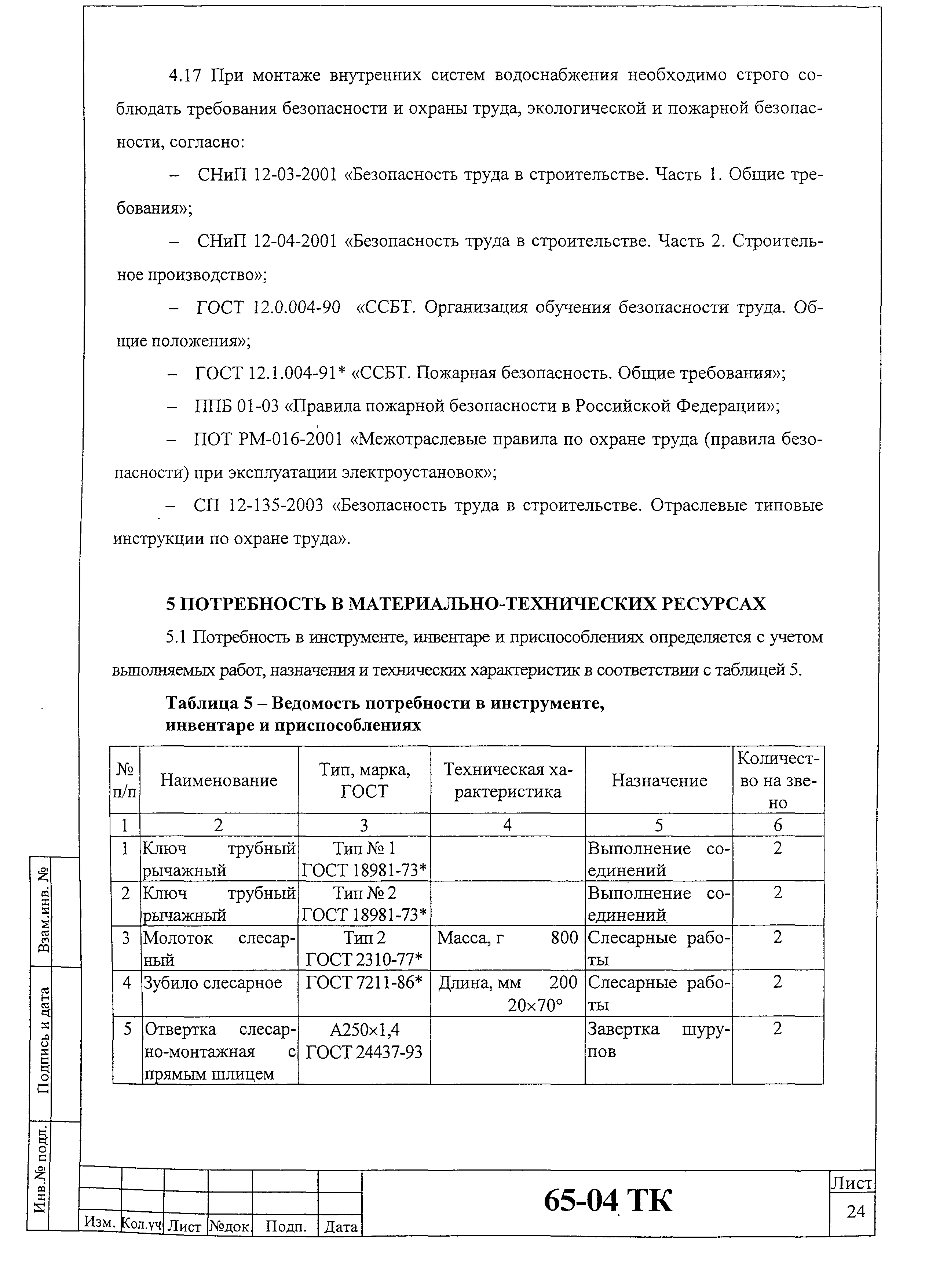 Технологическая карта 65-04 ТК