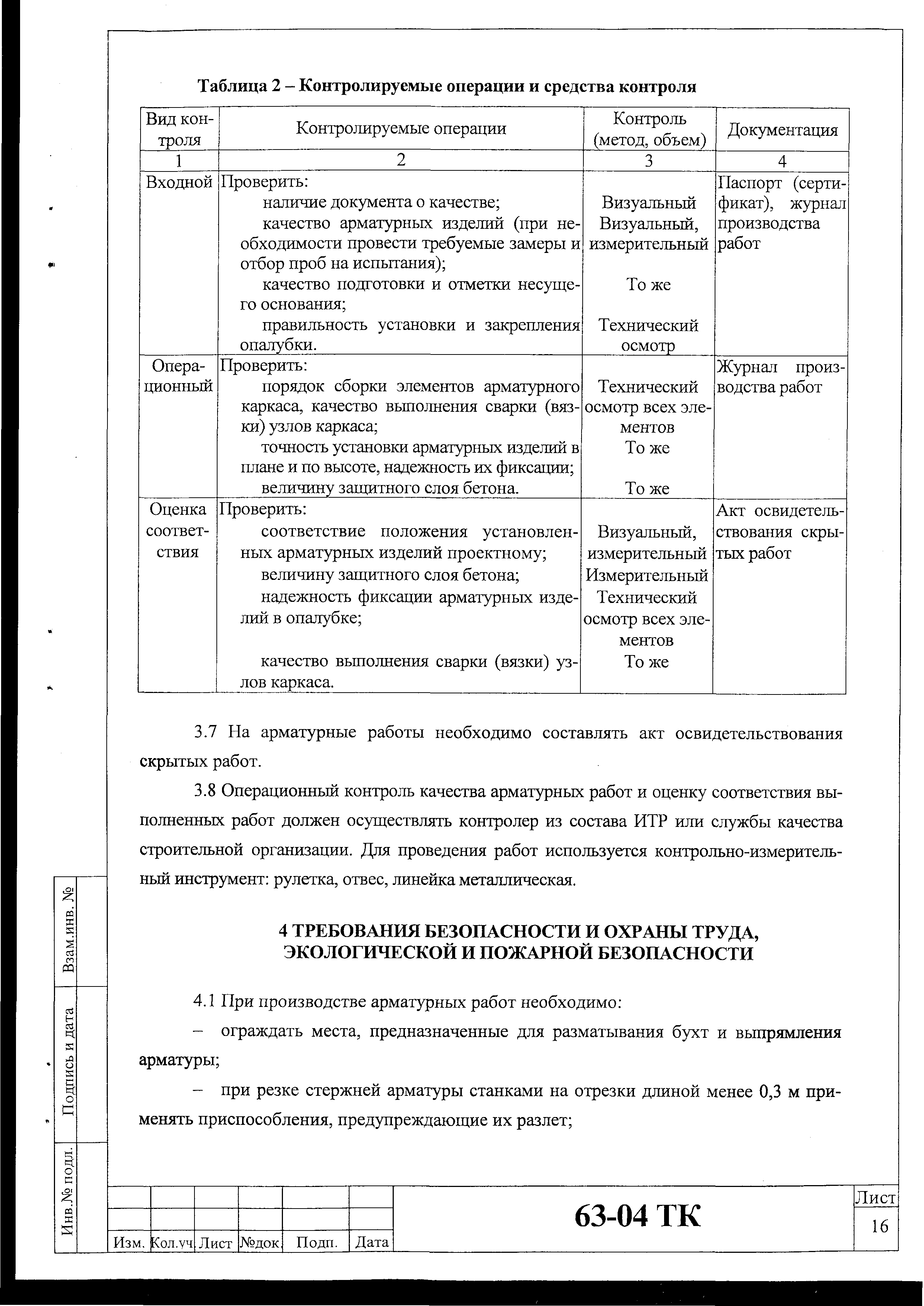 Технологическая карта 63-04 ТК