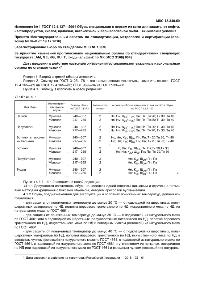 Изменение №1 к ГОСТ 12.4.137-2001