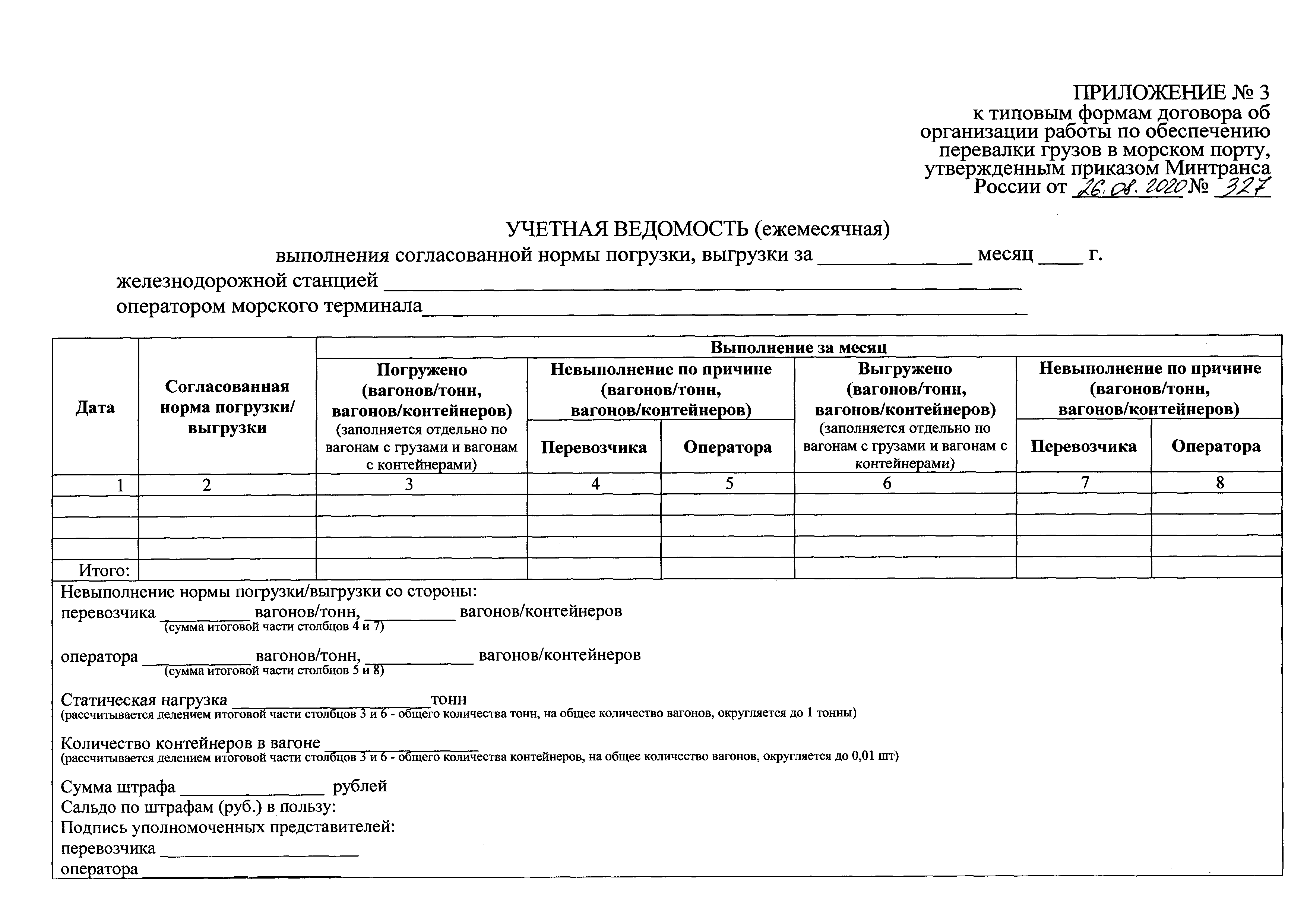 Скачать Приказ 327 Об утверждении типовых форм договора об организации  работы по обеспечению перевалки грузов в морском порту