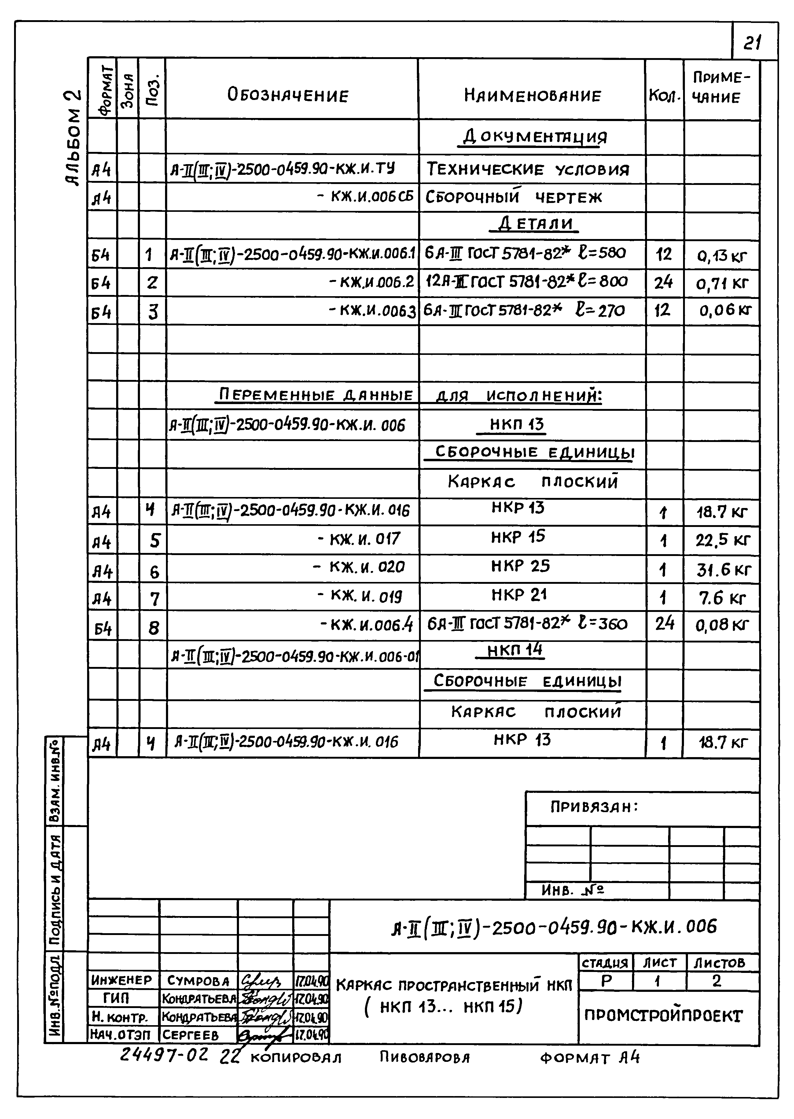 Типовые проектные решения А-II(III,IV)-2500-0459.90