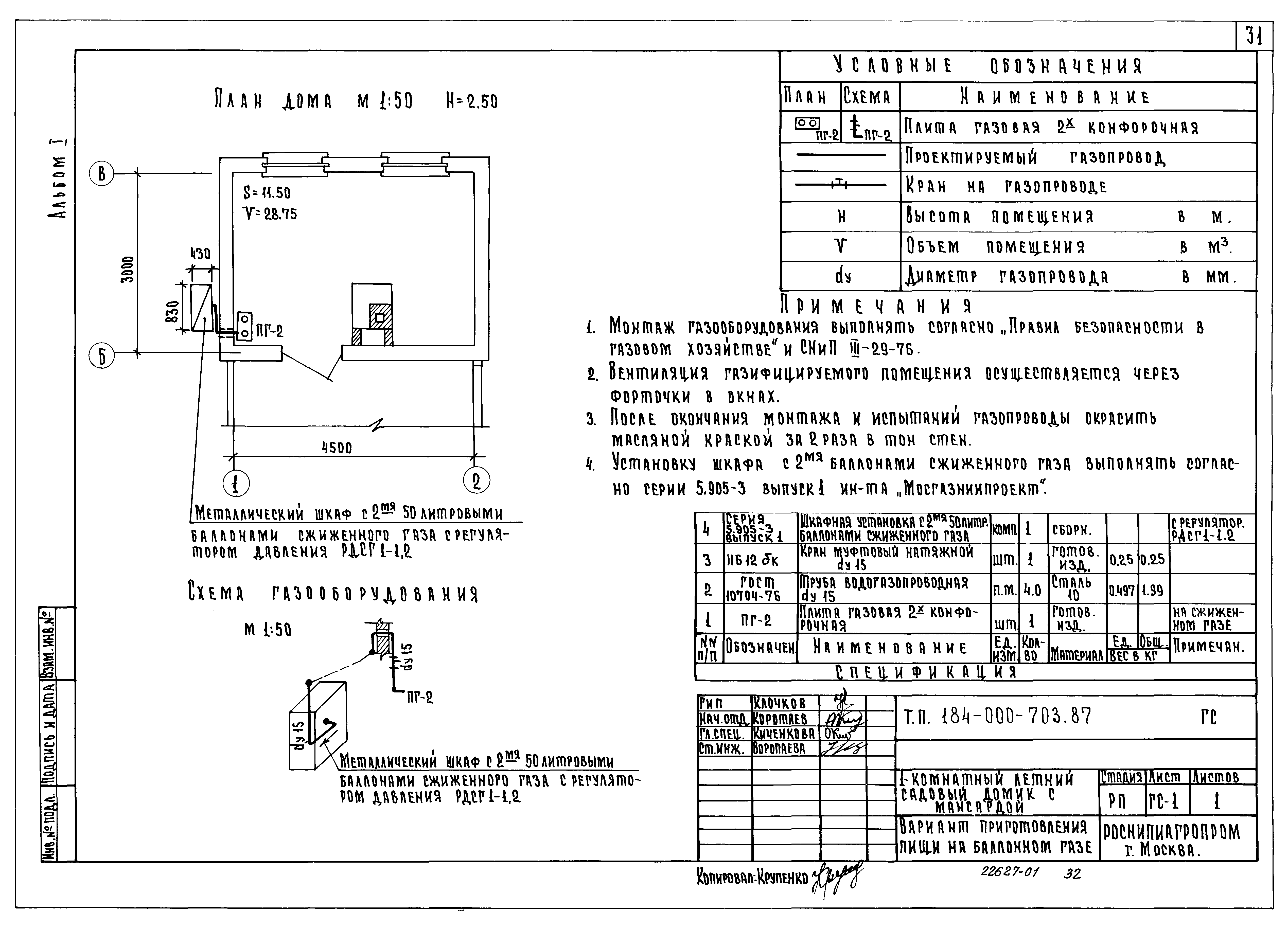 Скачать Типовой проект 184-000-703.87 Альбом I. Архитектурно-строительные  чертежи; газоснабжение; электроснабжение. Ведомость потребности в материалах