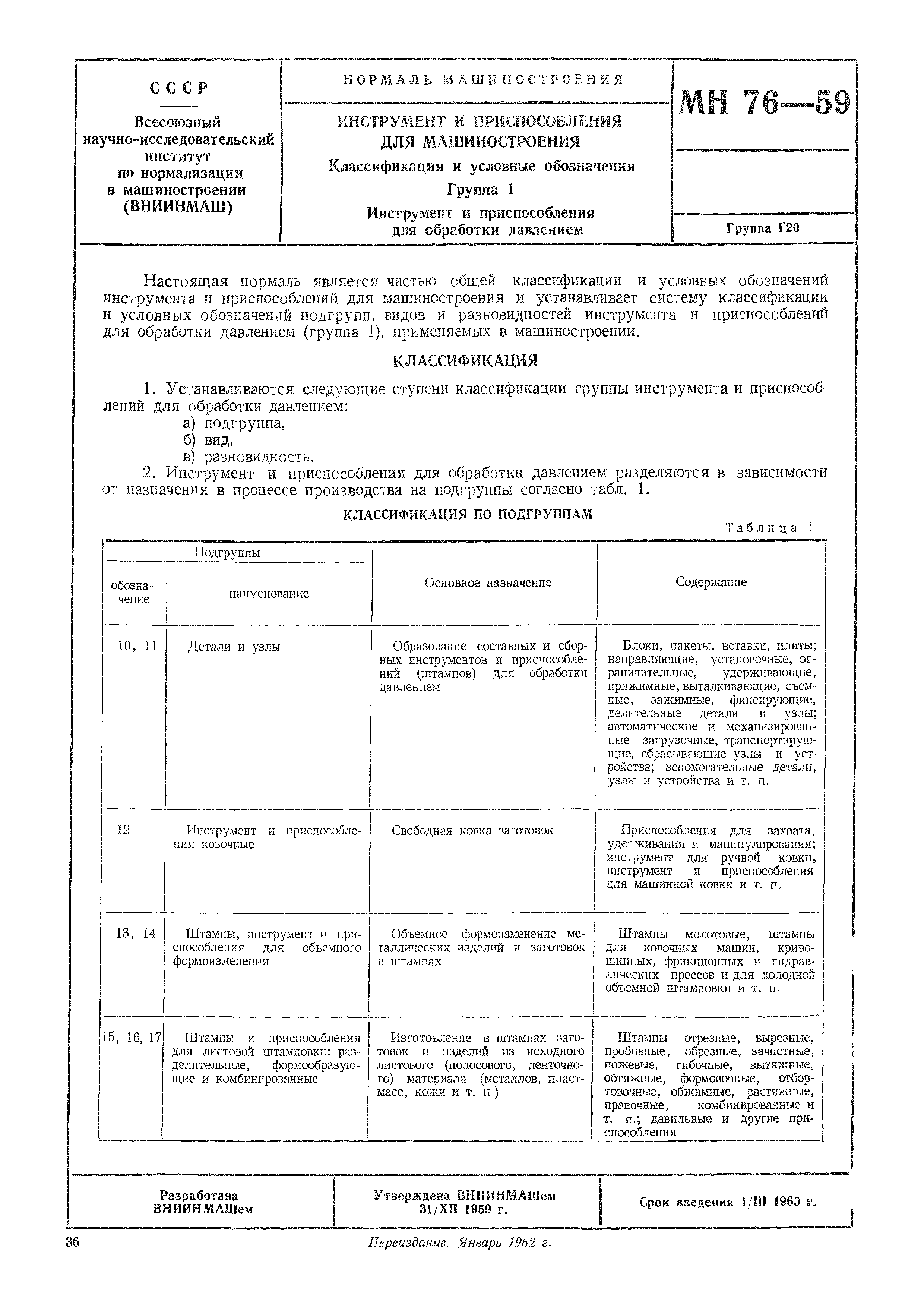 Скачать МН 76-59 Инструмент и приспособления для машиностроения.  Классификация и условные обозначения. Группа 1. Инструмент и приспособления  для обработки давлением