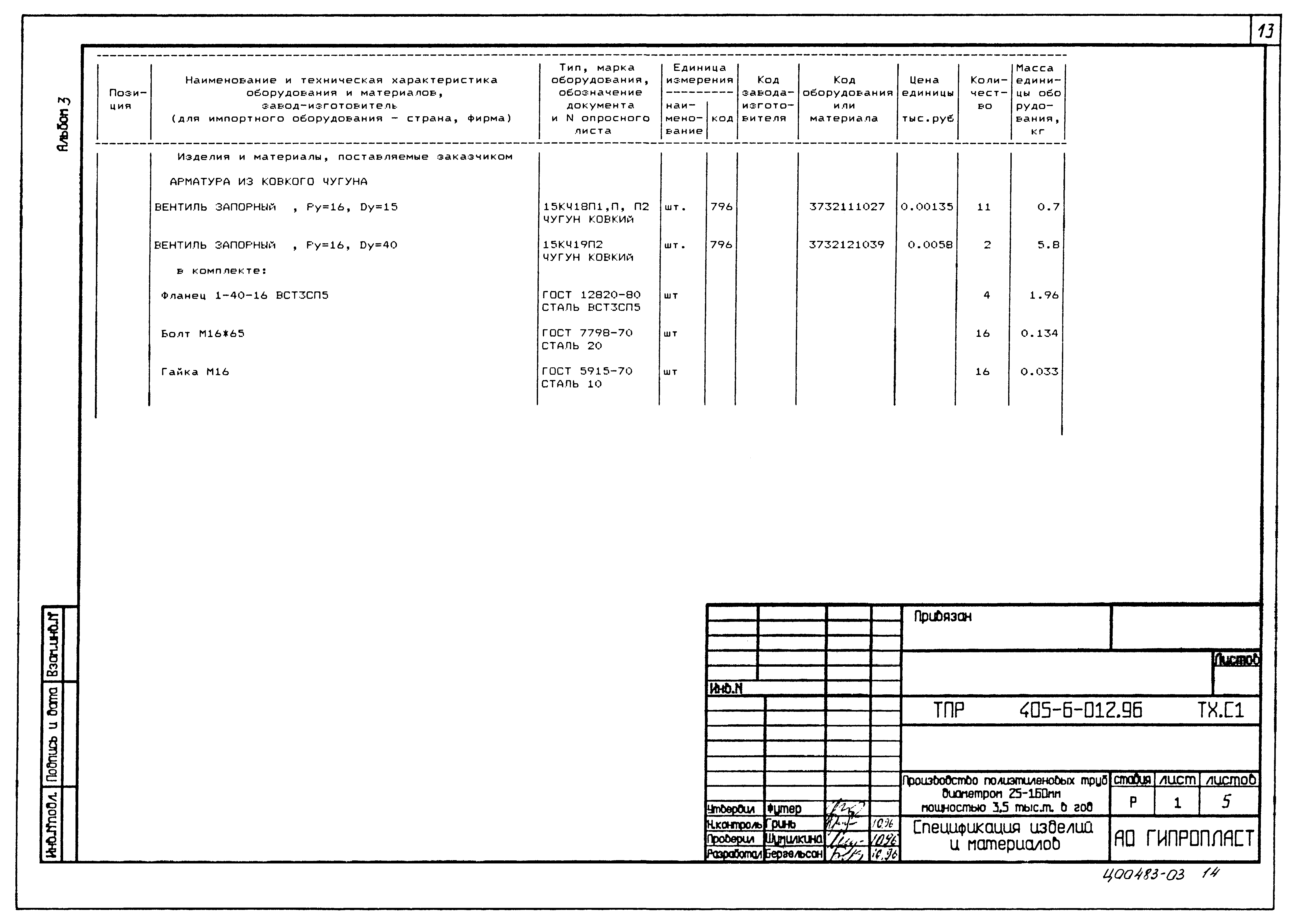 Типовые проектные решения 405-6-012.96