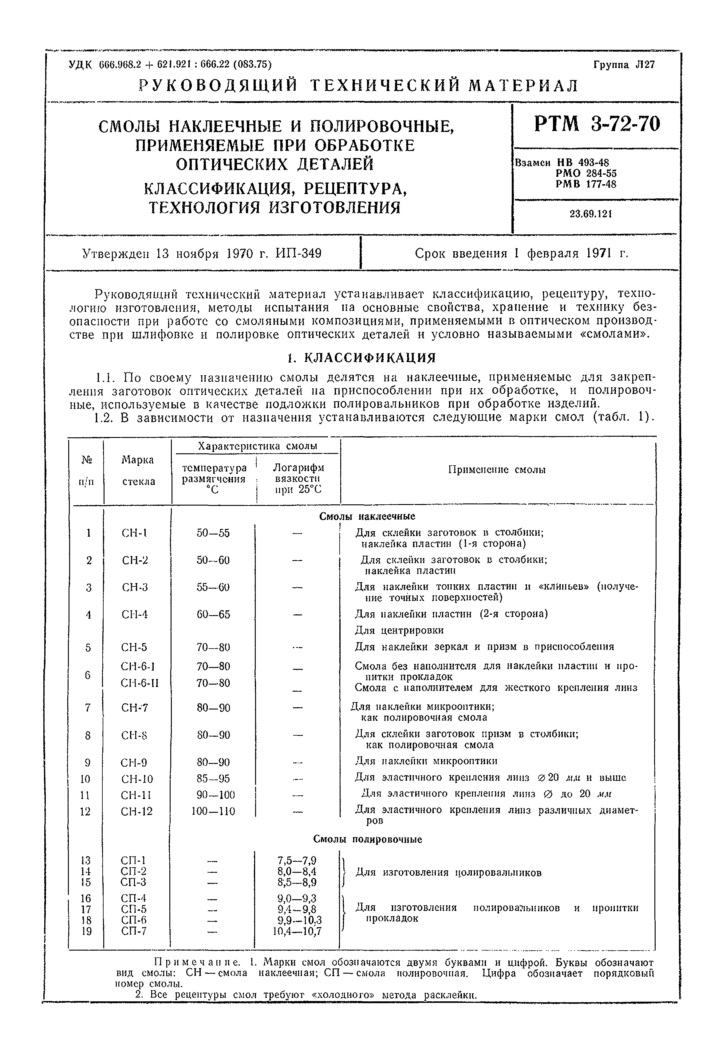 Скачать РТМ 3-72-70 Смолы наклеечные и полировочные, применяемые при  обработке оптических деталей. Классификация, рецептура, технология  изготовления