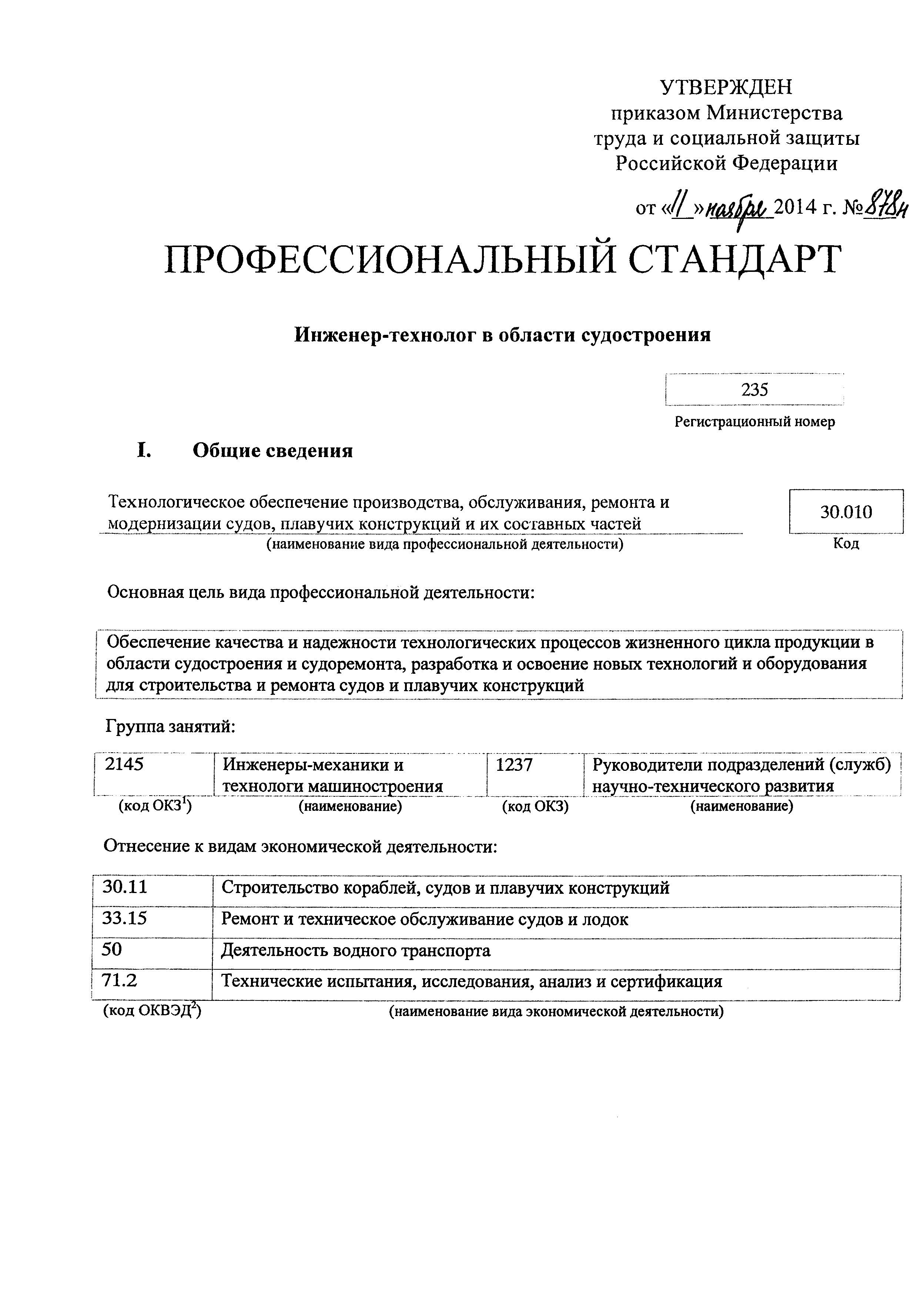 Скачать Приказ 878н Об утверждении профессионального стандарта  Инженер-технолог в области судостроения