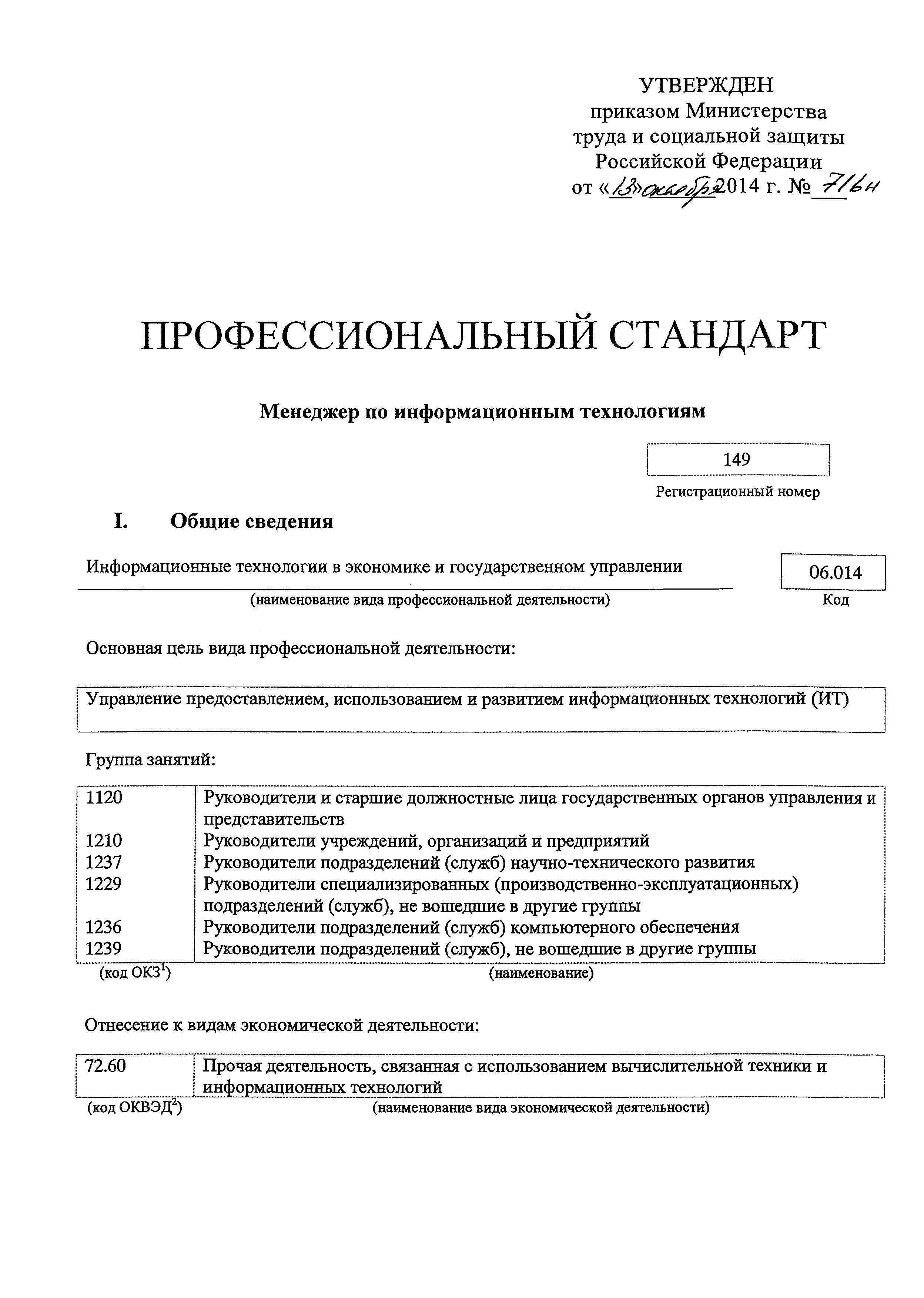 Скачать Приказ 716н Об утверждении профессионального стандарта Менеджер по информационным  технологиям