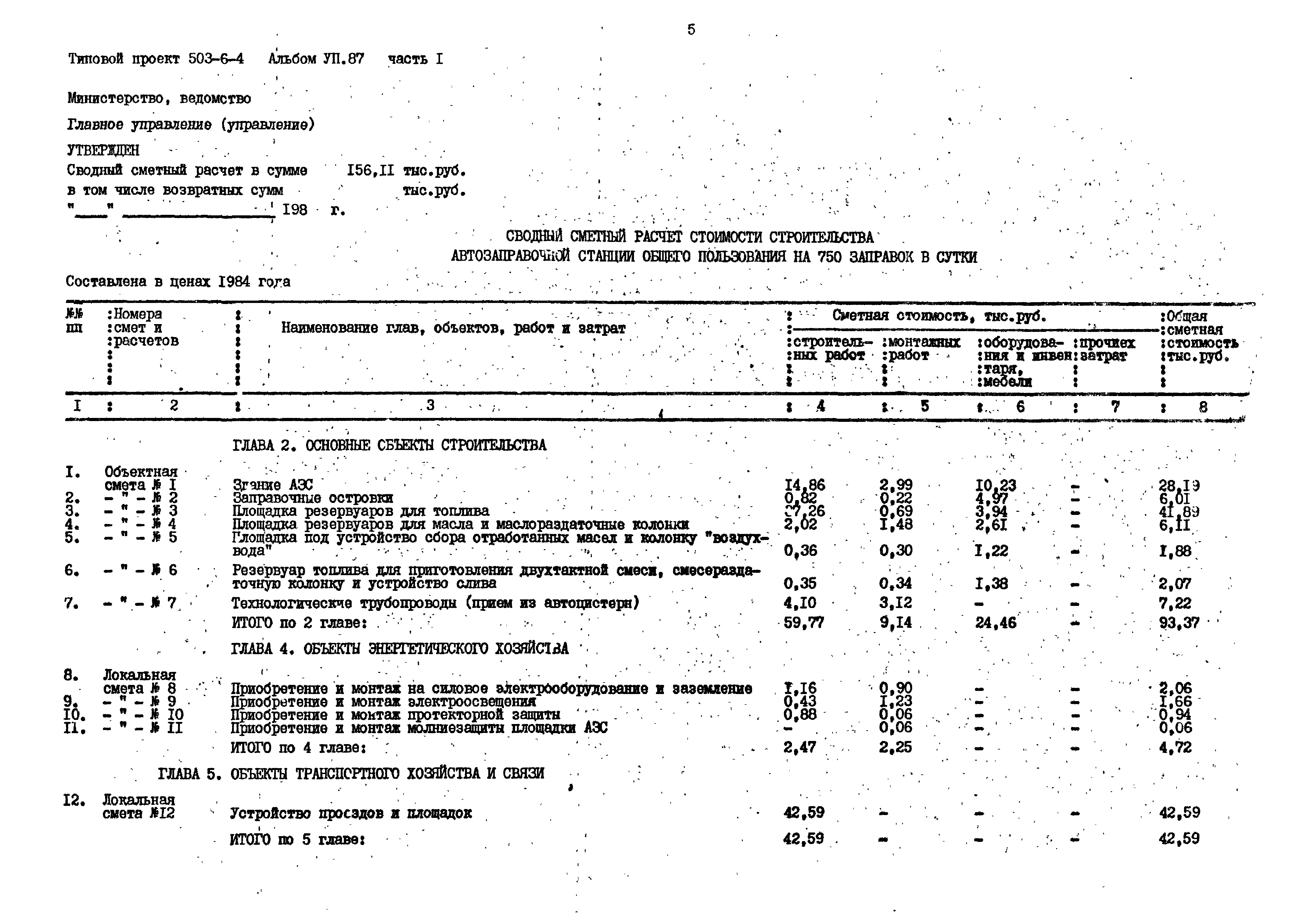 Скачать Типовой проект 503-6-4 Альбом VII.87. Часть 1. Сметы