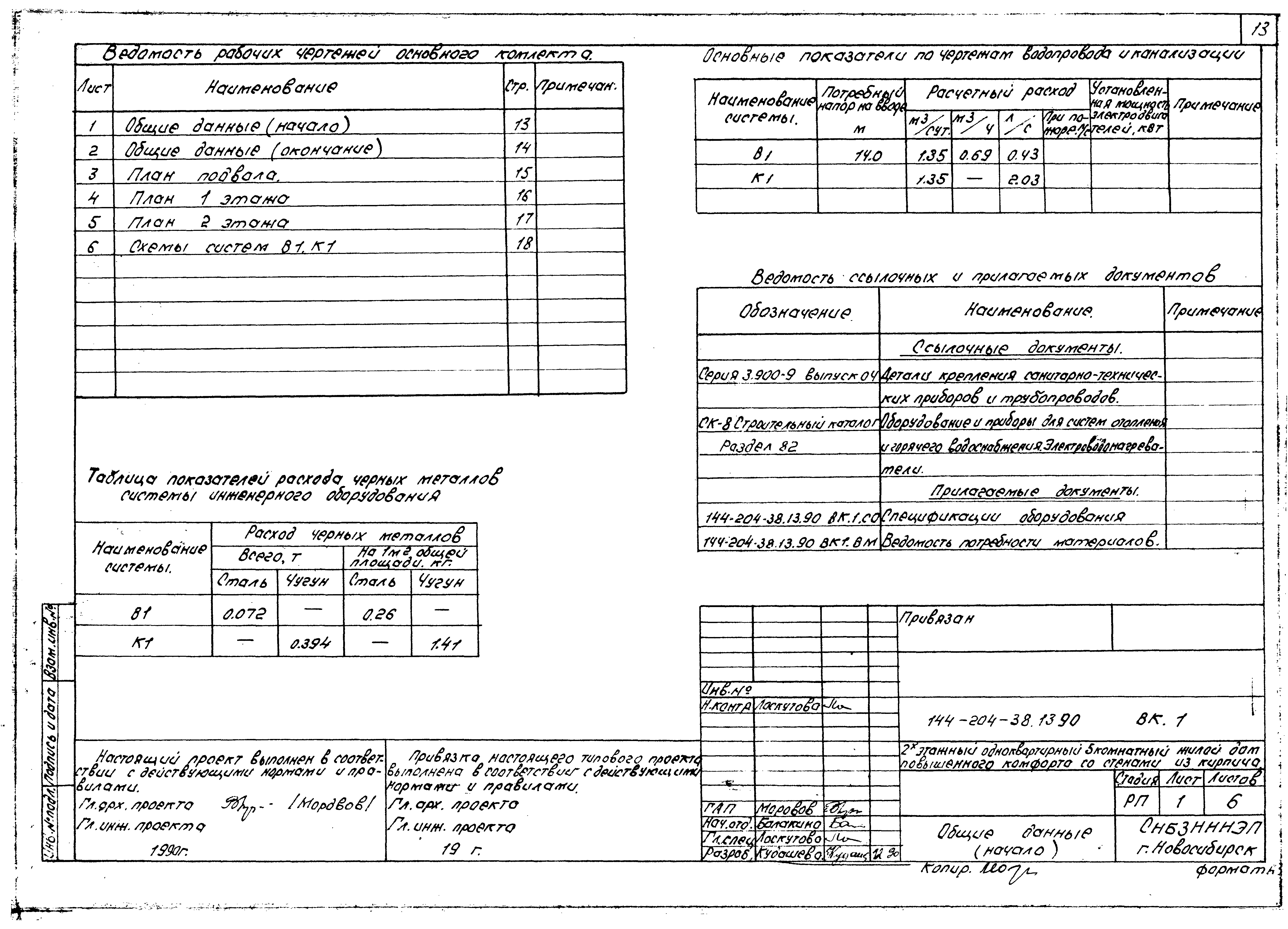 Скачать Типовой проект 144-204-38.13.90 Альбом II. Отопление и вентиляция.  Водоснабжение и канализация. Электрооборудование. Связь и сигнализация