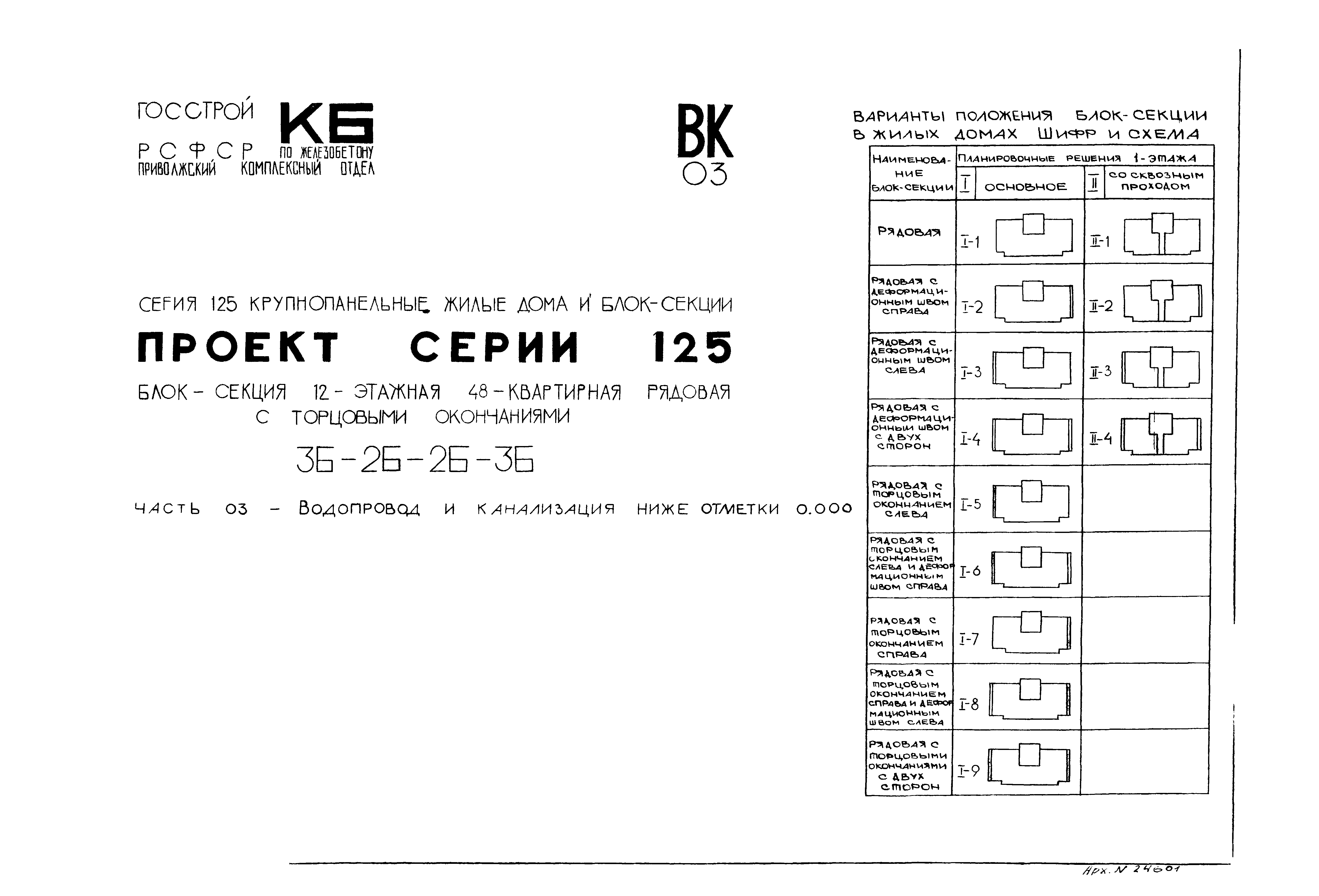 Скачать Типовой проект Серия 125 Часть 03. Водопровод и канализация ниже  отметки 0.000