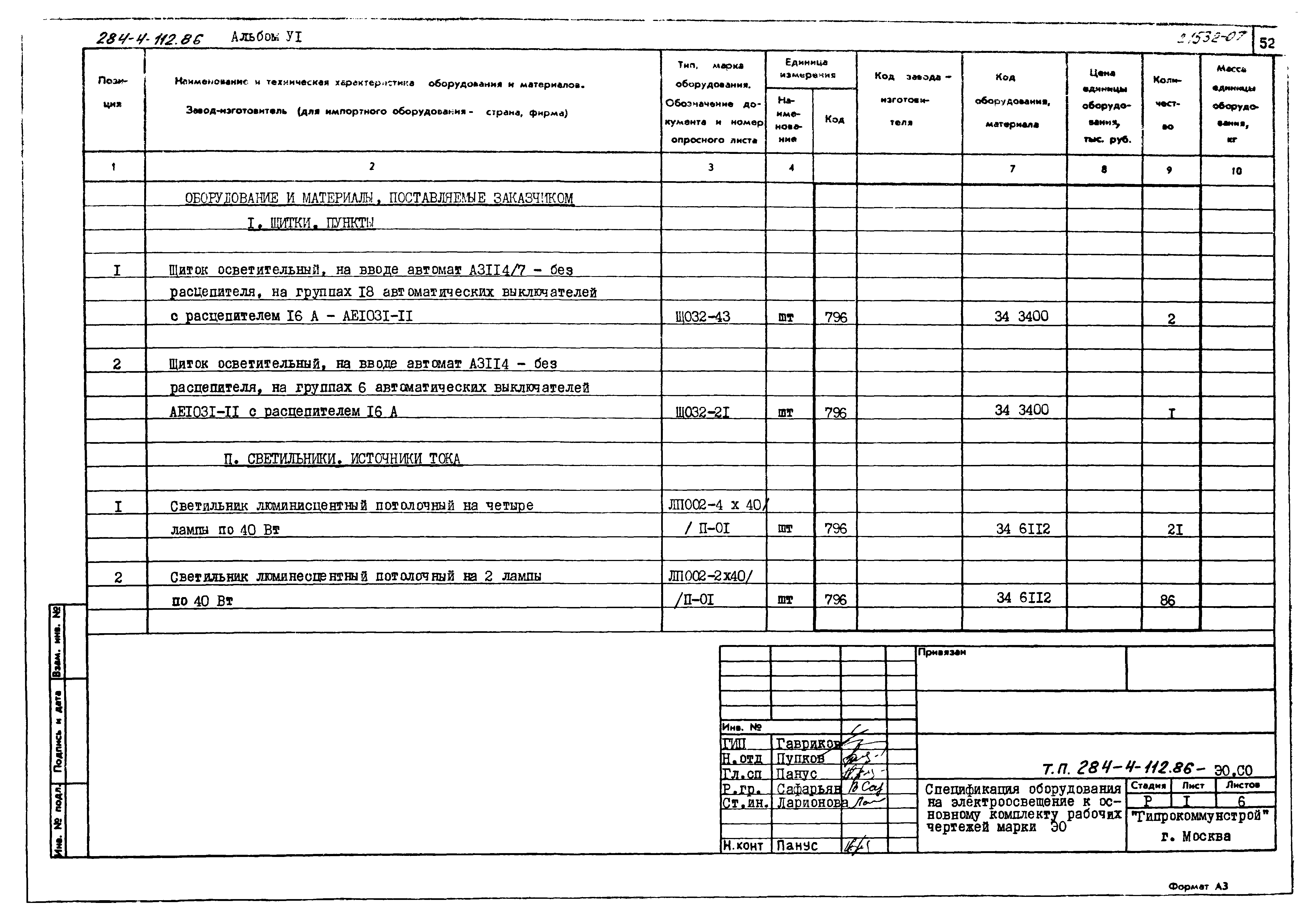 Скачать Типовой проект 284-4-112.86 Альбом VI. Спецификация оборудования