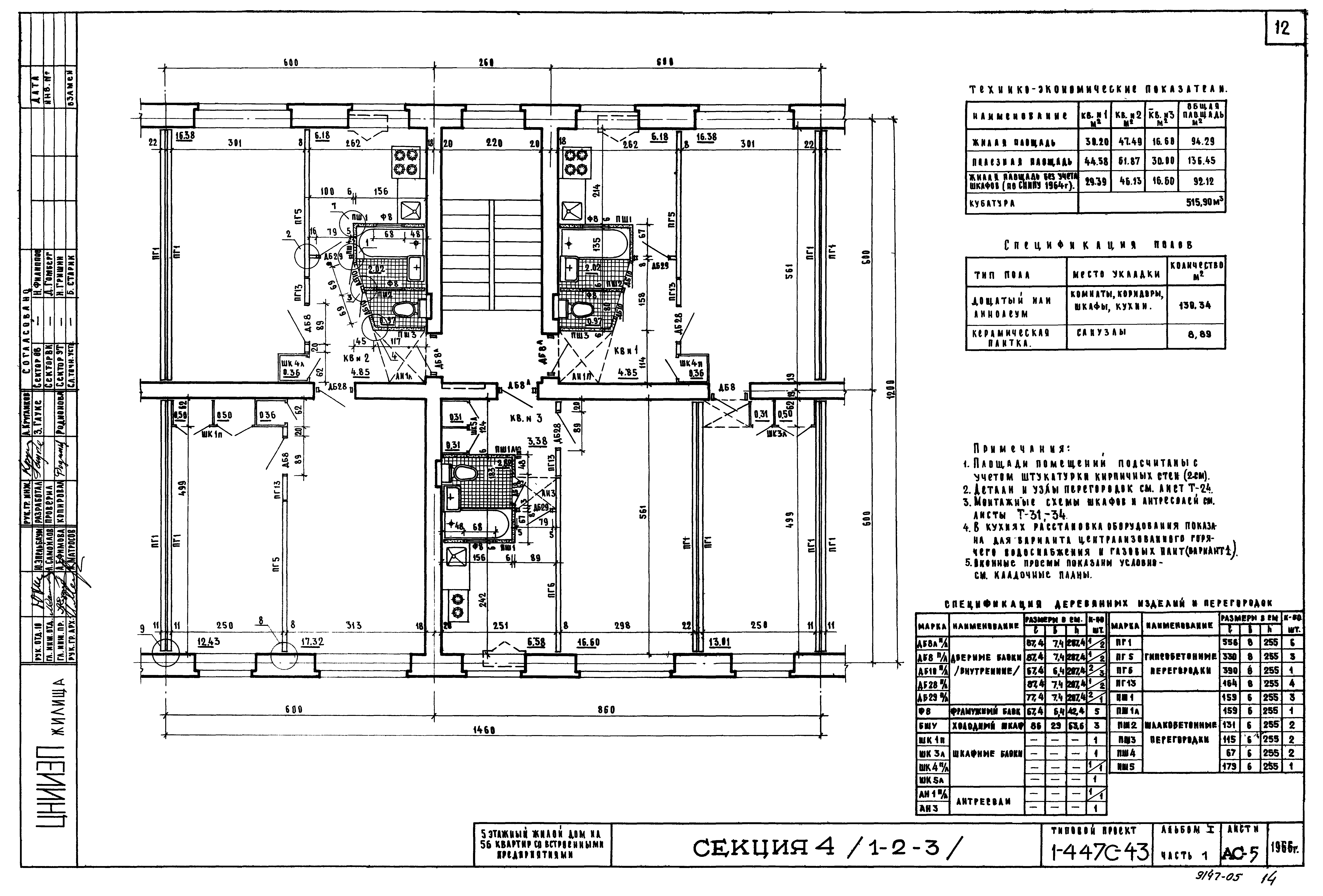 Скачать Типовой проект 1-447с-43 Альбом I. Часть 1. Чертежи здания выше  отм. 2.800. Архитектурно-строительные чертежи