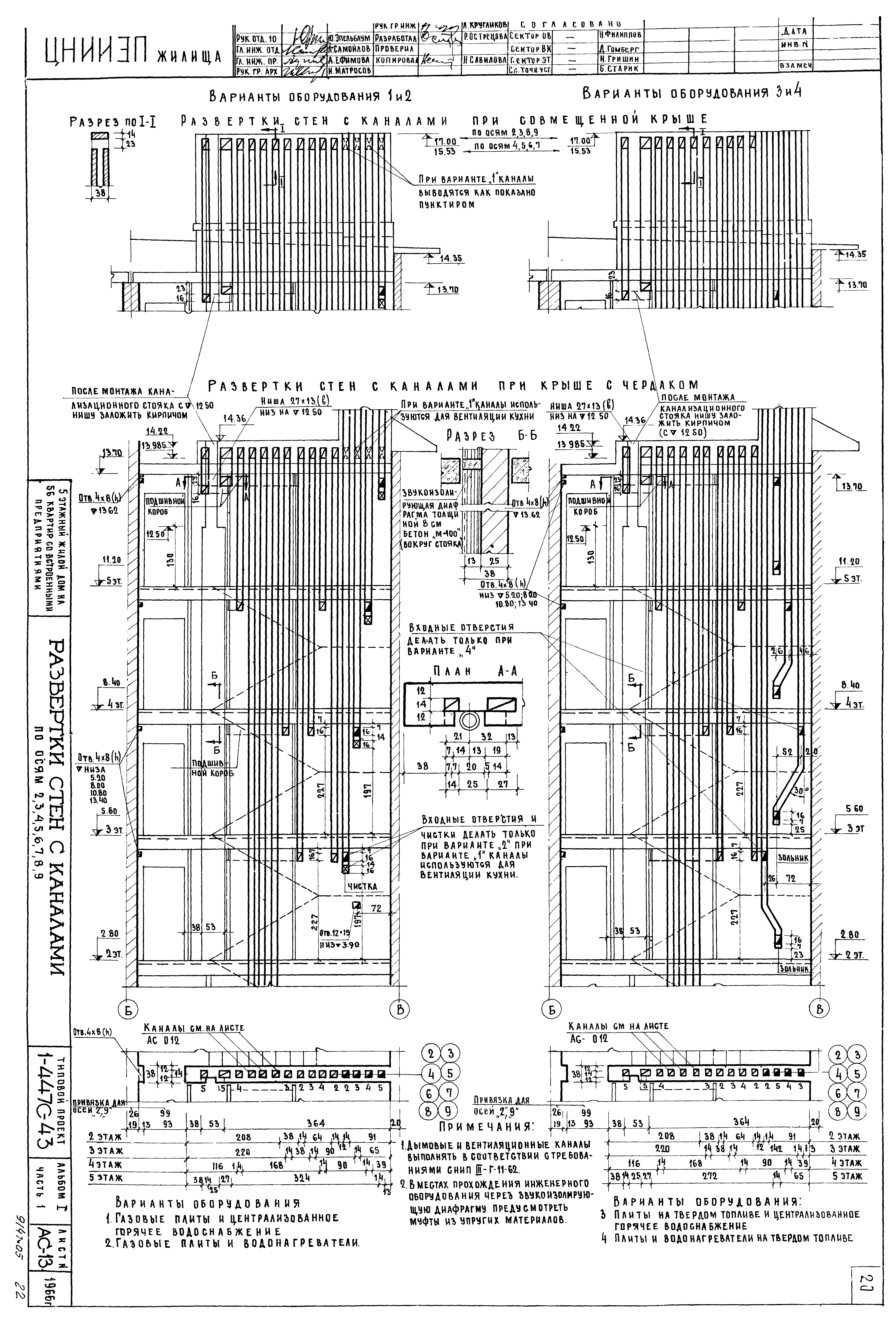 Скачать Типовой проект 1-447с-43 Альбом I. Часть 1. Чертежи здания выше  отм. 2.800. Архитектурно-строительные чертежи