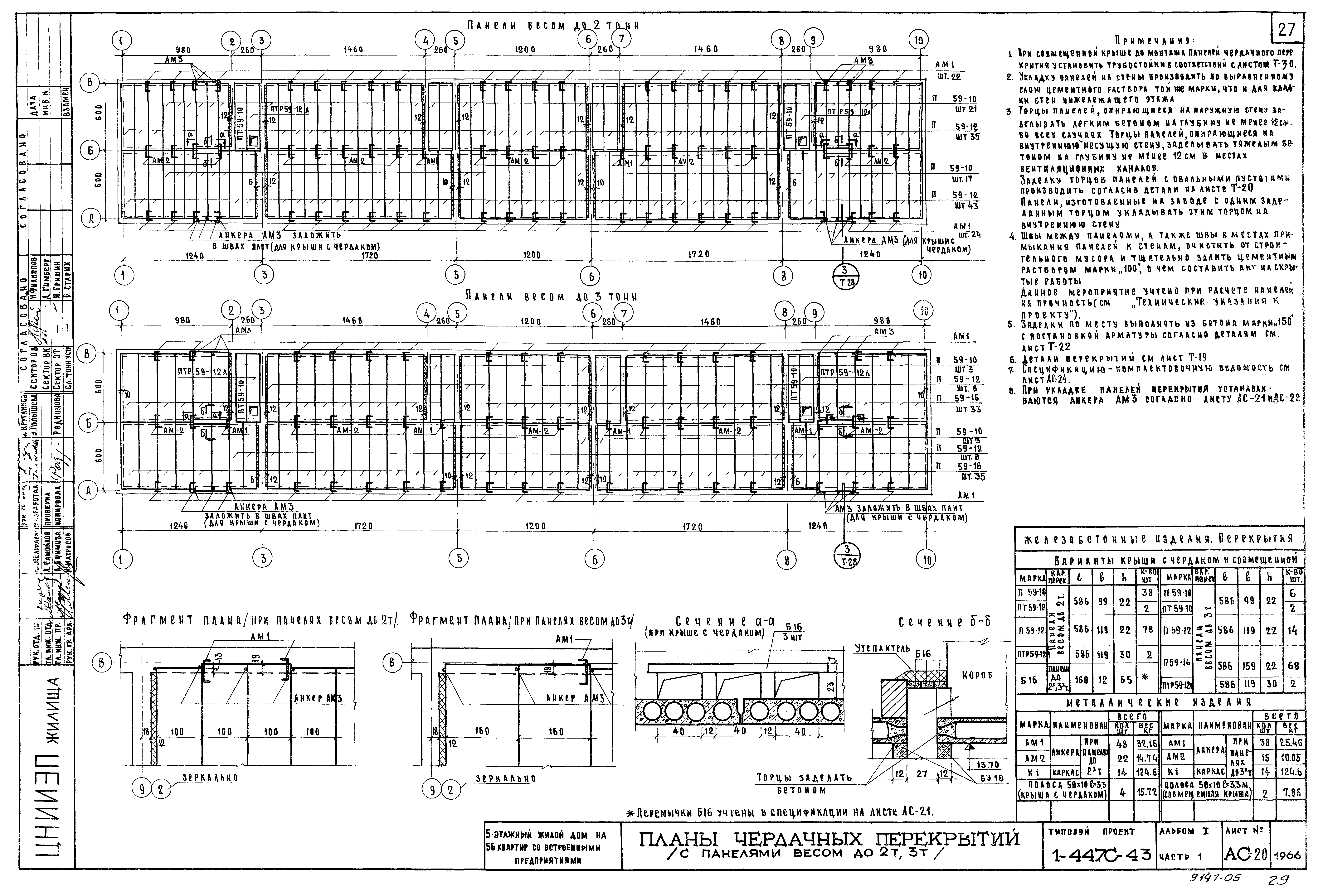 Скачать Типовой проект 1-447с-43 Альбом I. Часть 1. Чертежи здания выше  отм. 2.800. Архитектурно-строительные чертежи