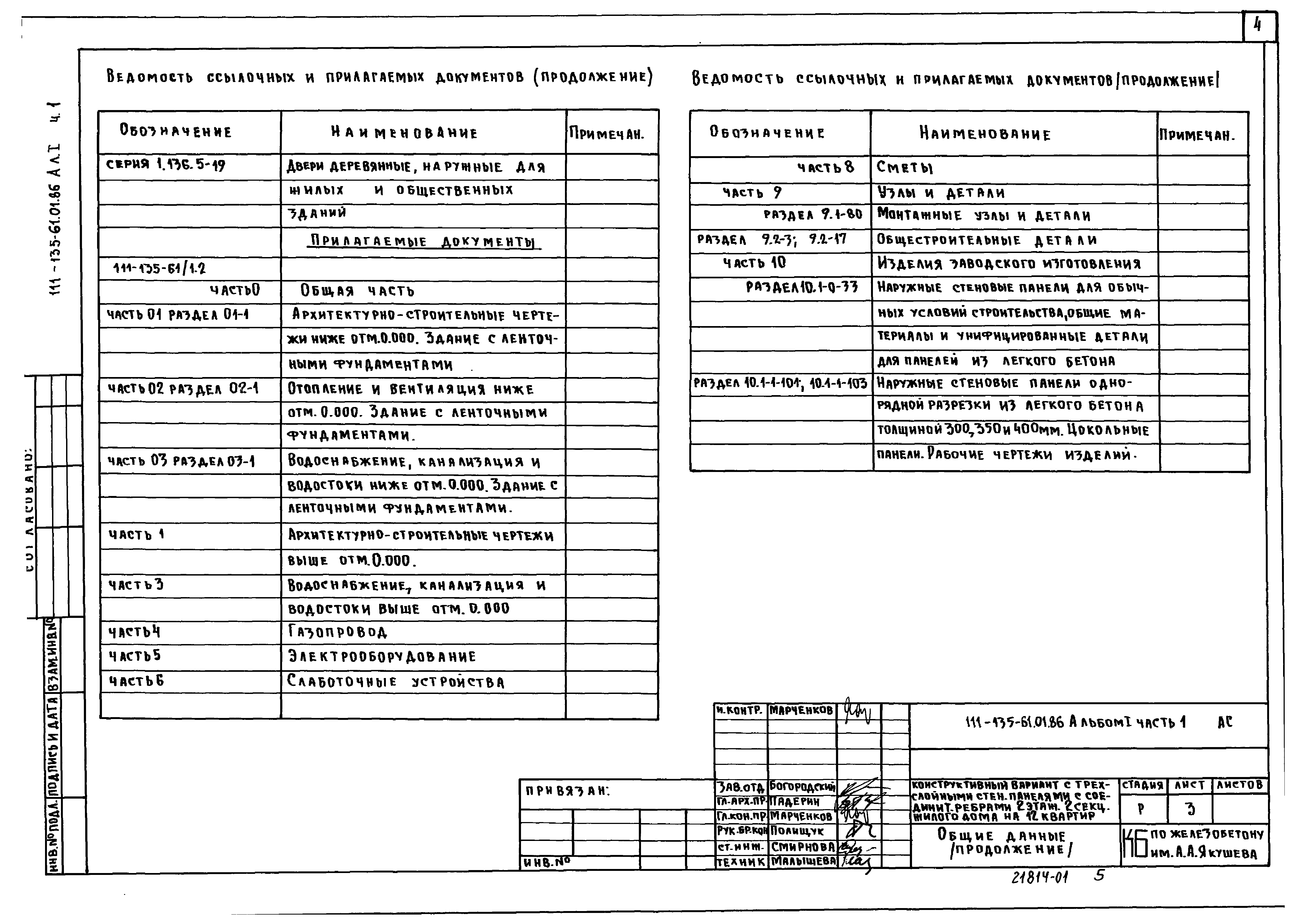 Скачать Типовой проект 111-135-61.01.86 Альбом I. Часть 1. Часть 2. Часть  15. Архитектурно-строительные чертежи. Конструктивный вариант с  трехслойными стеновыми панелями с соединительными ребрами.  Санитарно-технические чертежи. Конструктивный вариант с ...