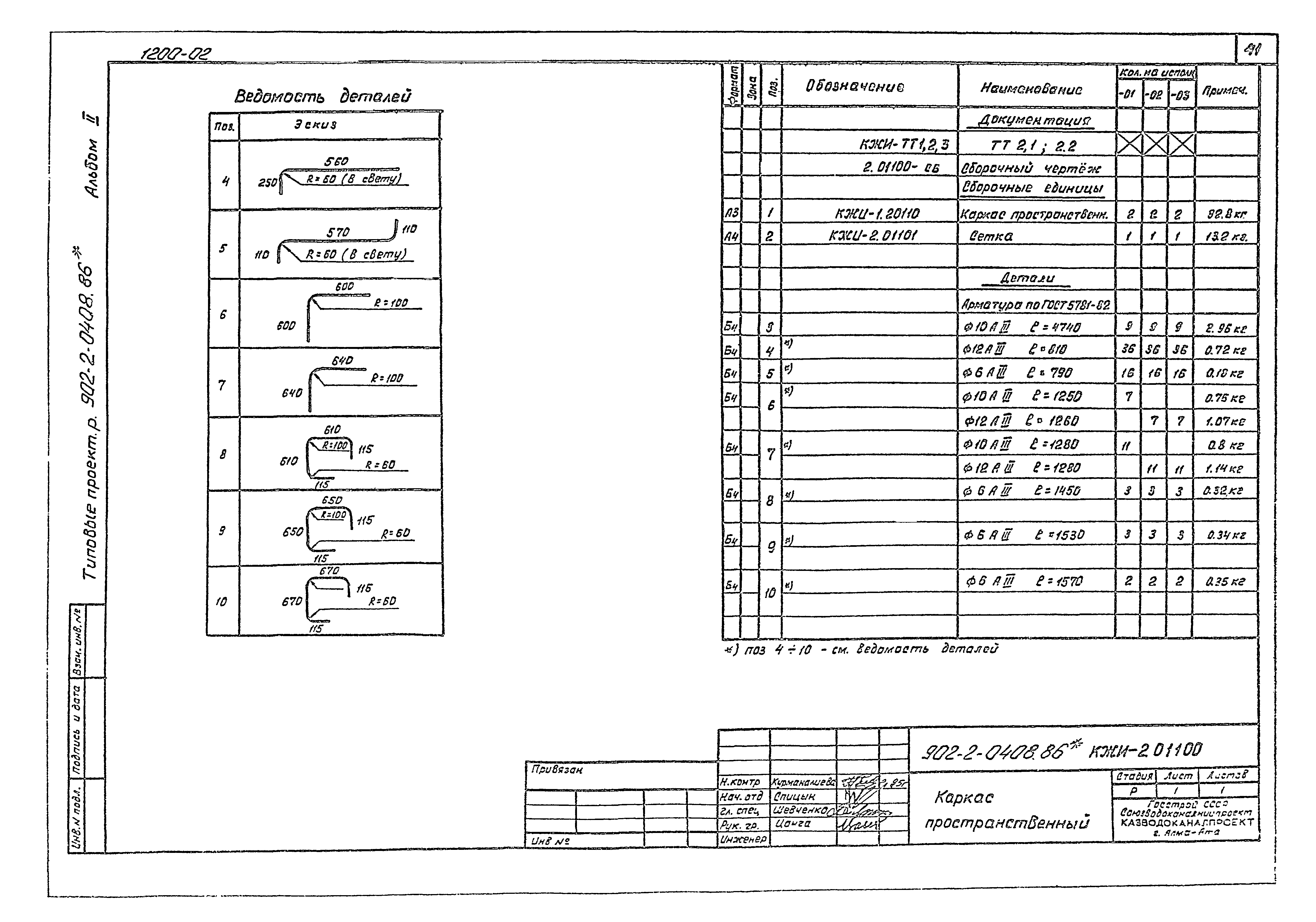 Тпр 902 альбом 2. Ведомость деталей. Ведомость элементов каркаса. Ведомость деталей арматуры.