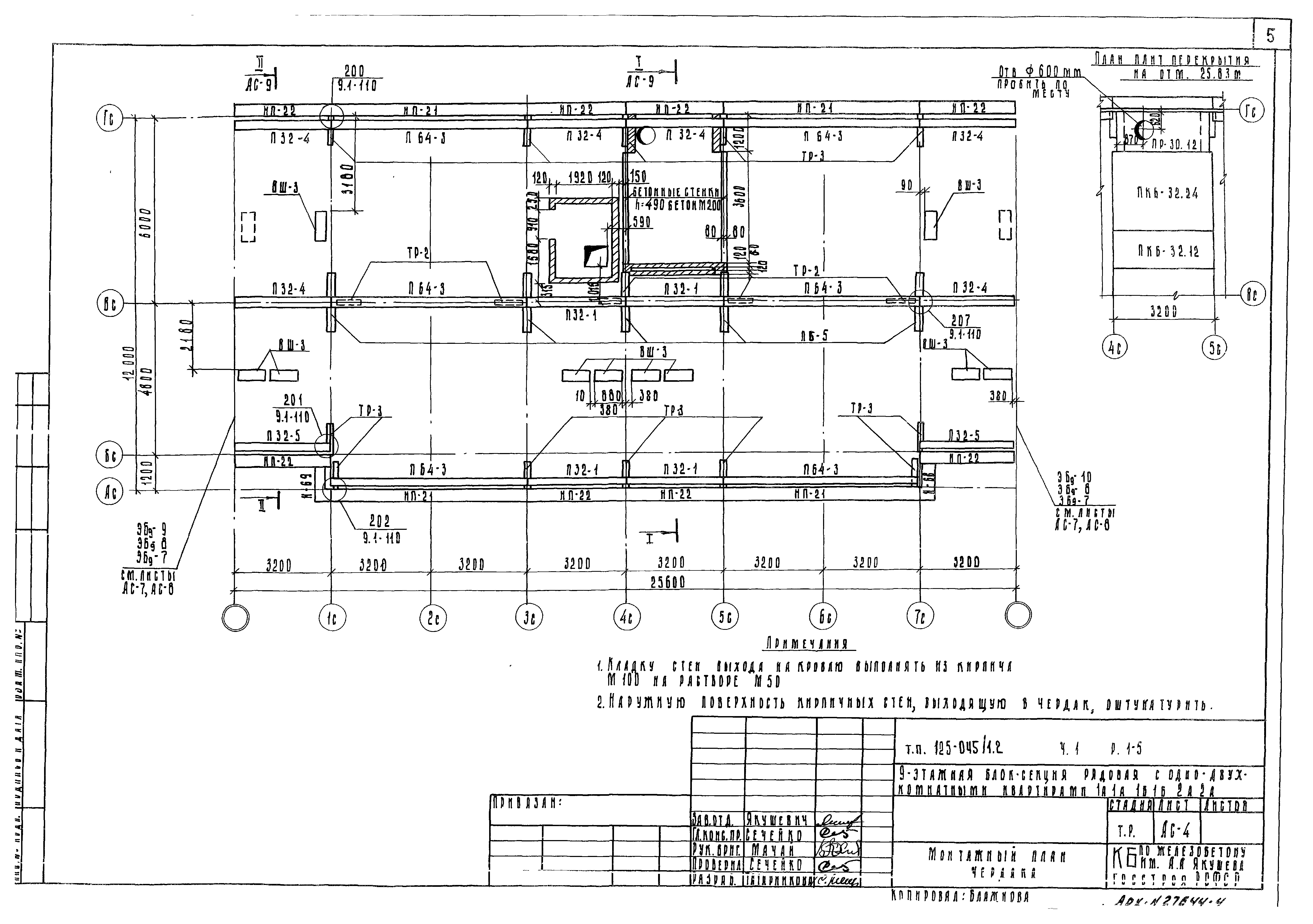 Скачать Типовой проект 125-045/1.2 Часть 1. Раздел 1-5.  Архитектурно-строительные чертежи выше отм. 0.000. Теплый чердак. Кровля  рулонная