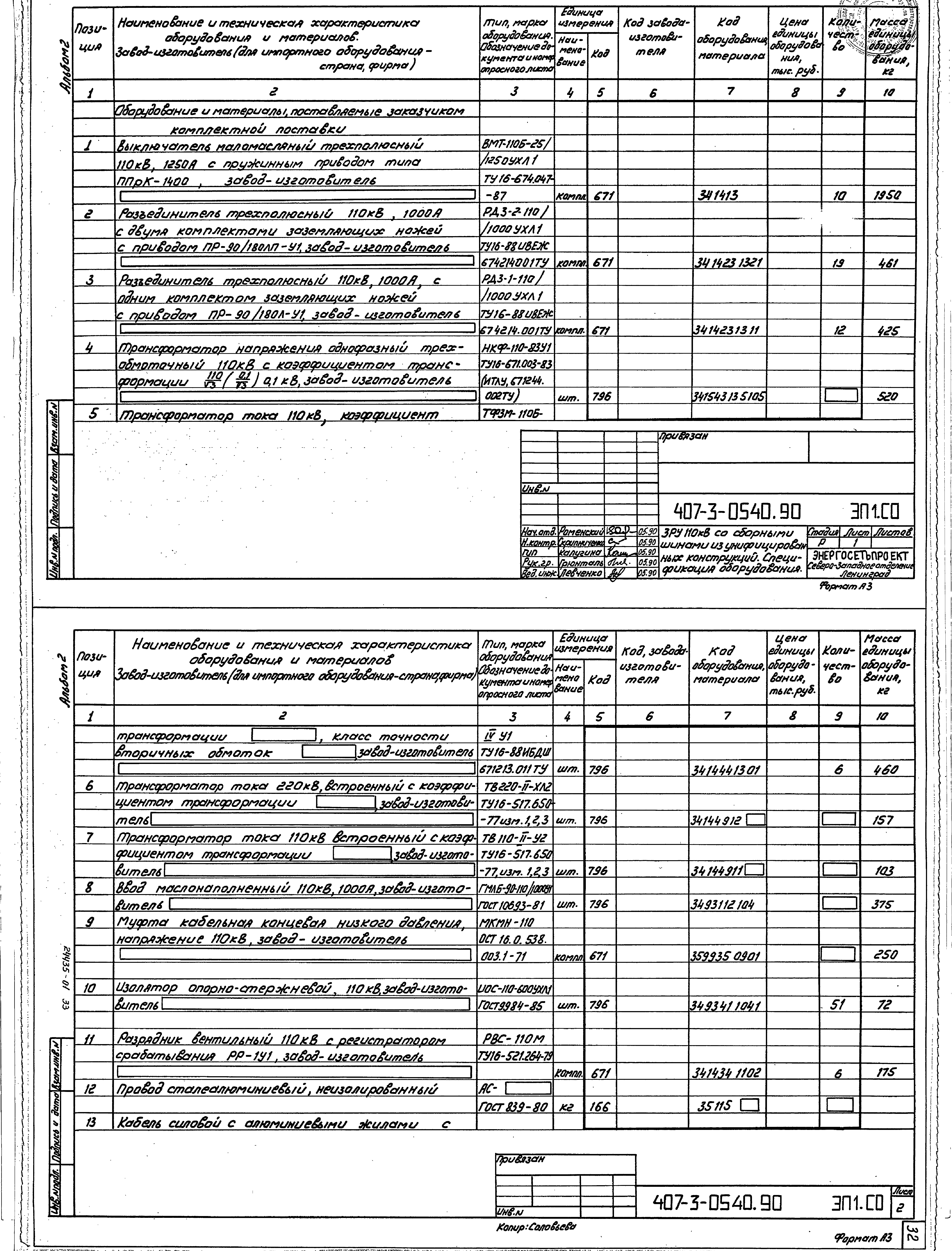 Типовые проектные решения 407-3-0540.90