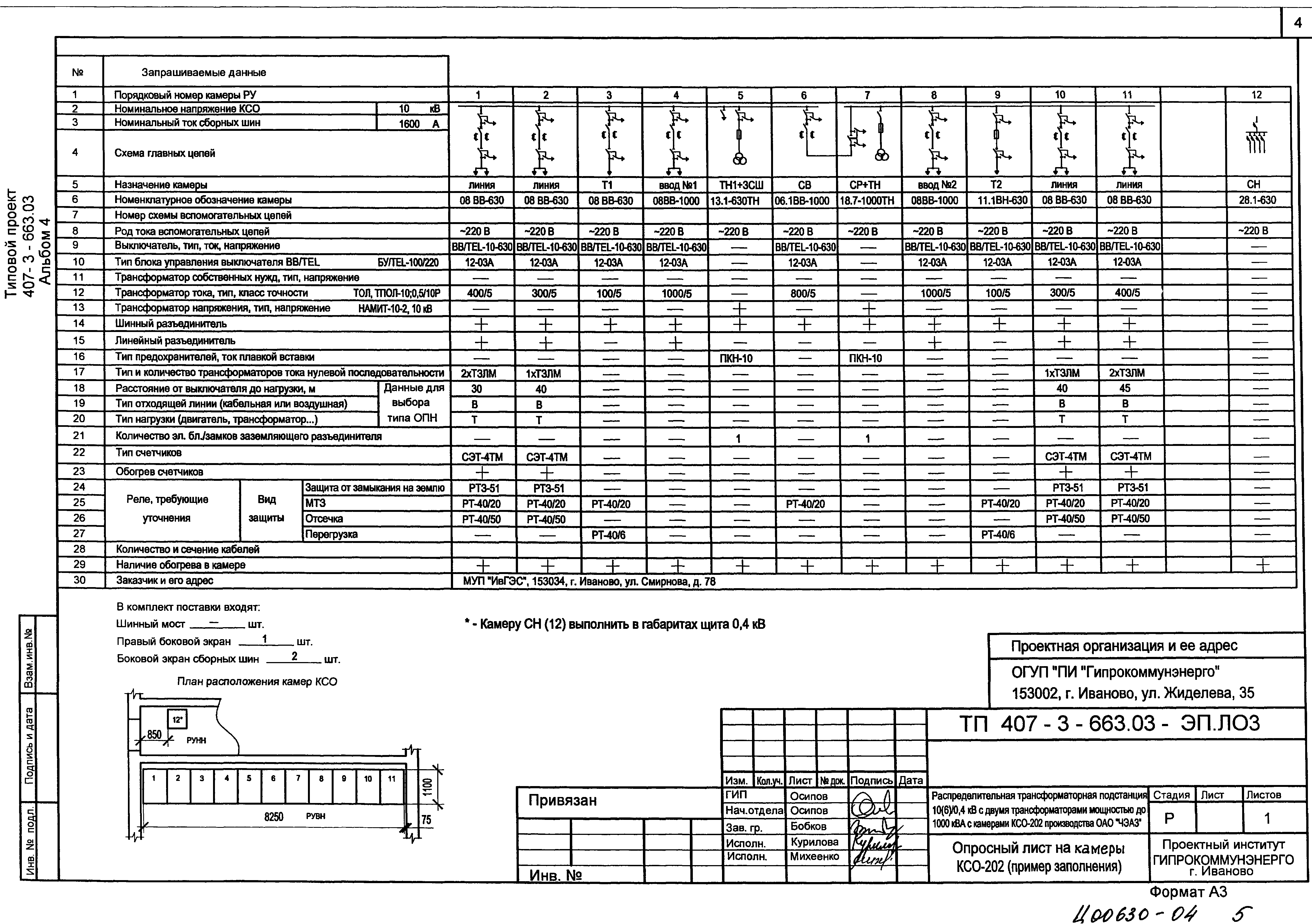 Скачать Типовой проект 407-3-663.03 Альбом 4. Опросный лист на камеры  КСО-202. Опросный лист на РУНН. Опросный лист на камеры КСО-202 (пример  заполнения). Опросный лист на РУНН (пример заполнения). Приводное  устройство вакуумного выключателя