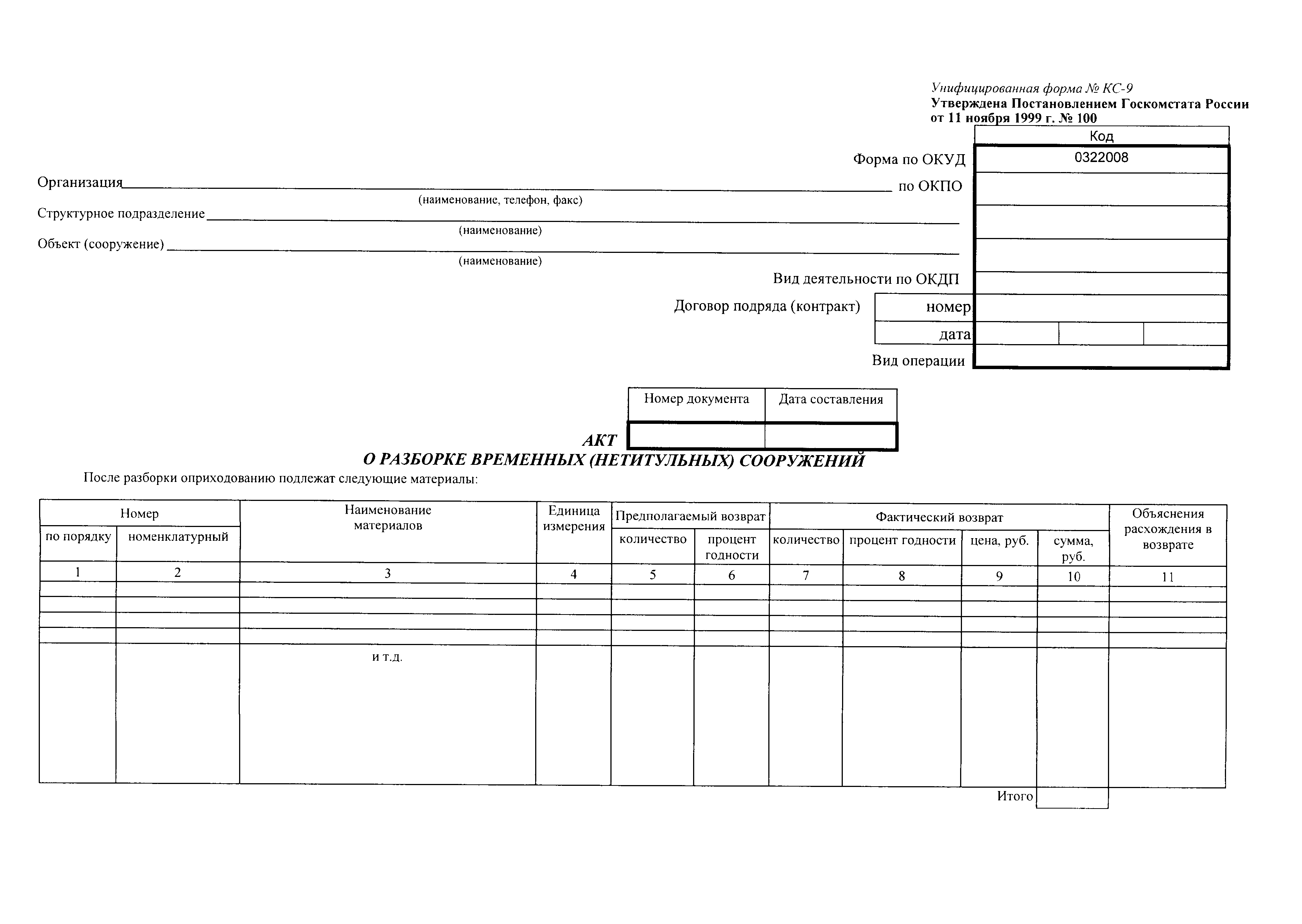 Акт 9. КС-9 что это в строительстве. Форма КС-9 В строительстве. КС-9 унифицированная форма. Акт разборки основных средств образец заполнения.