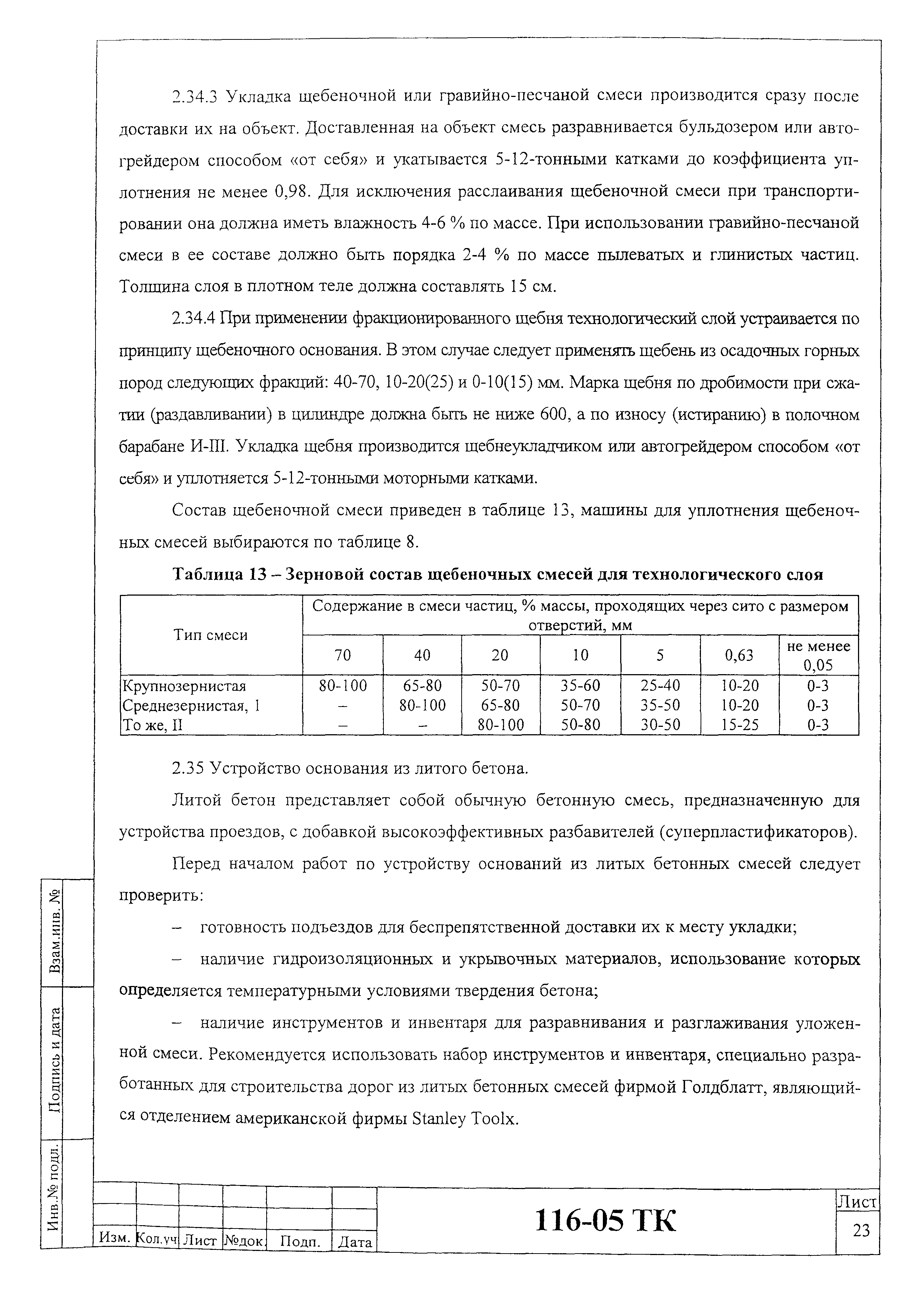 Технологическая карта 116-05 ТК