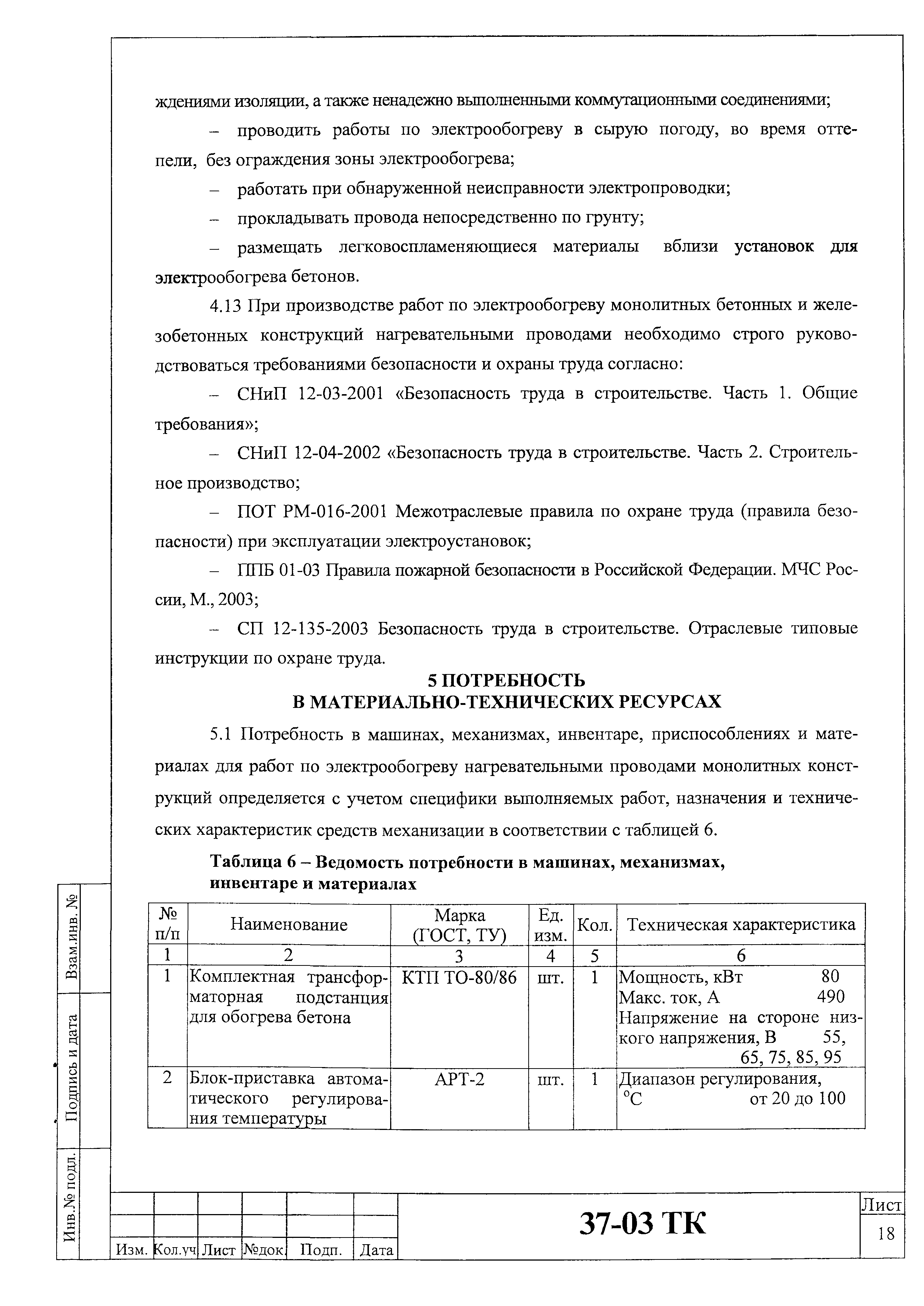 Технологическая карта 37-03 ТК