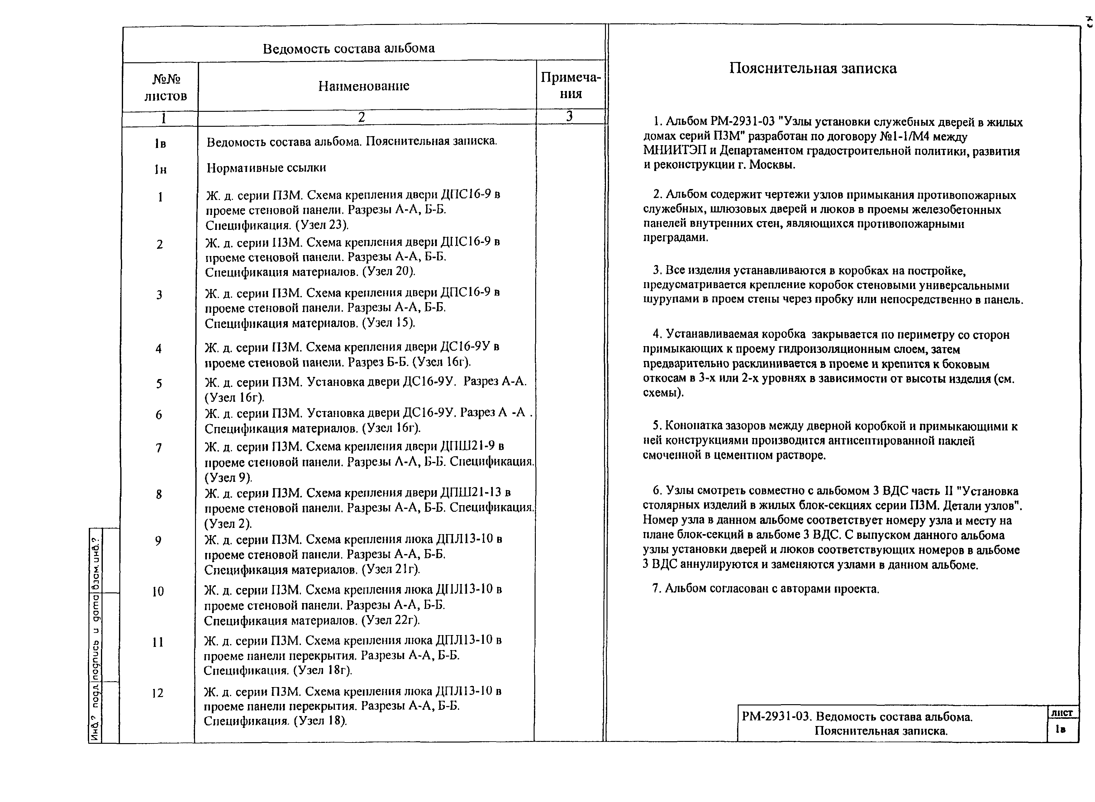 Скачать РМ-2931-03 Узлы установки служебных дверей в панели жилых домов  серии П3М