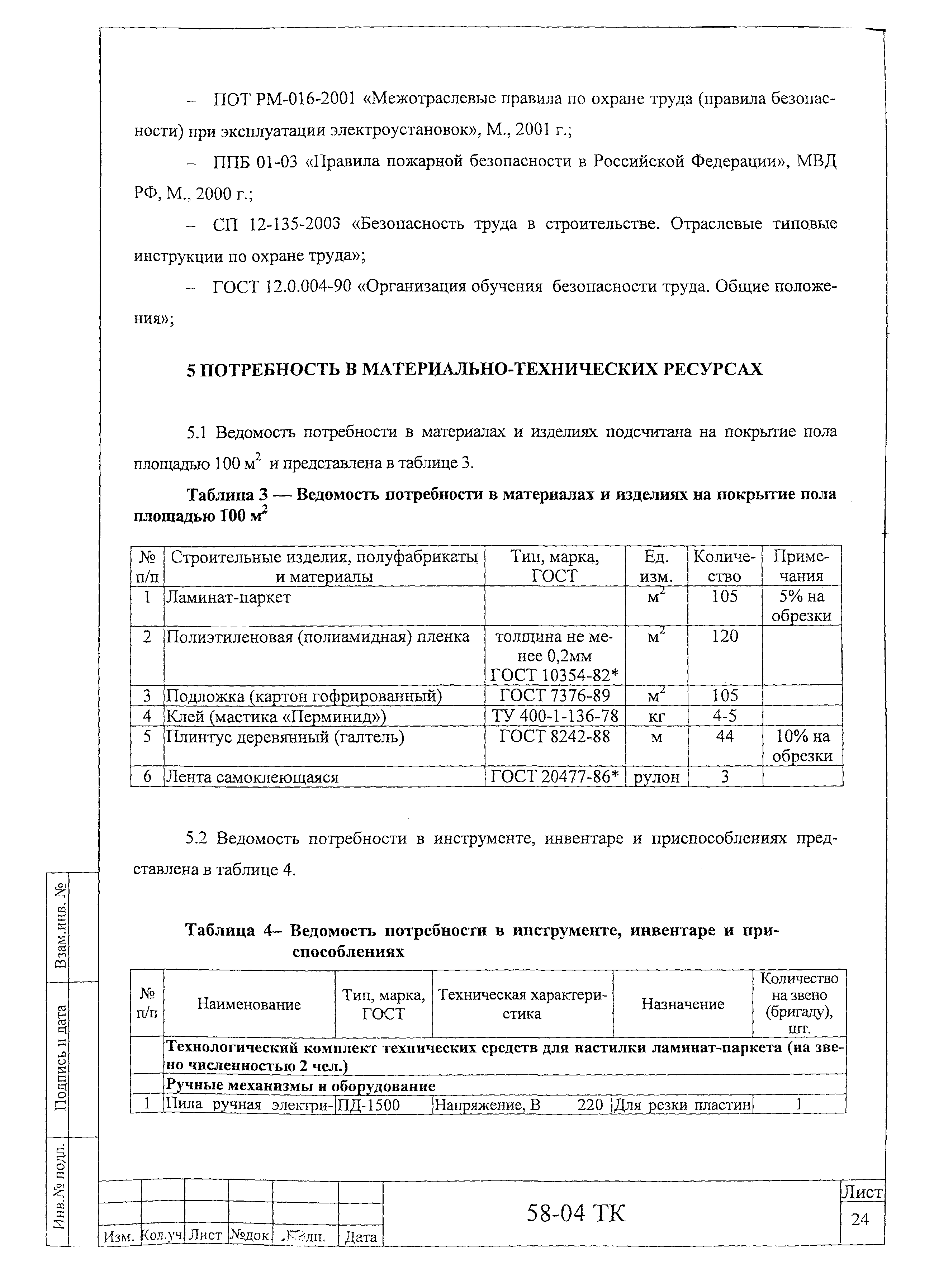 Технологическая карта 58-04 ТК