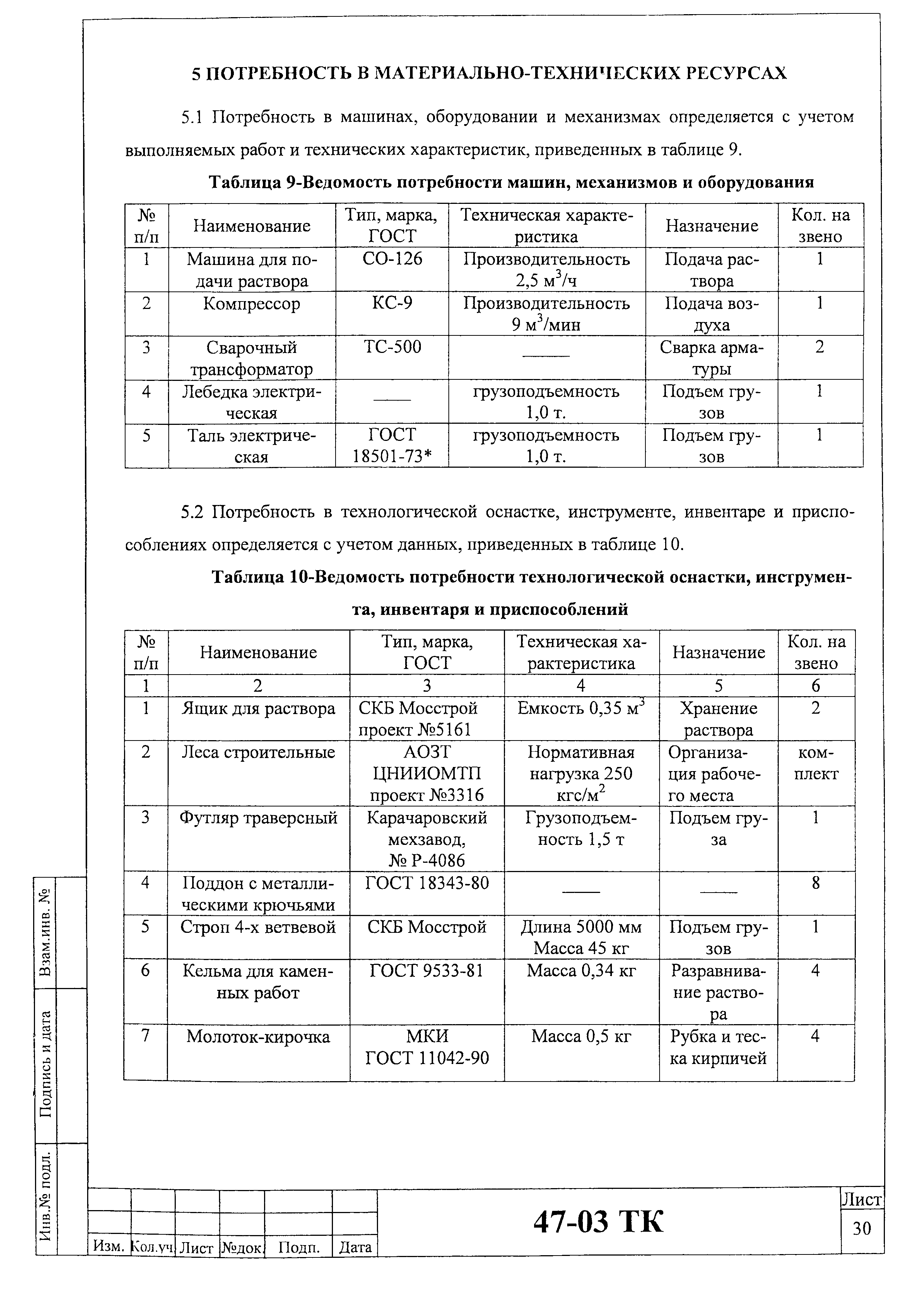 Технологическая карта 47-03 ТК