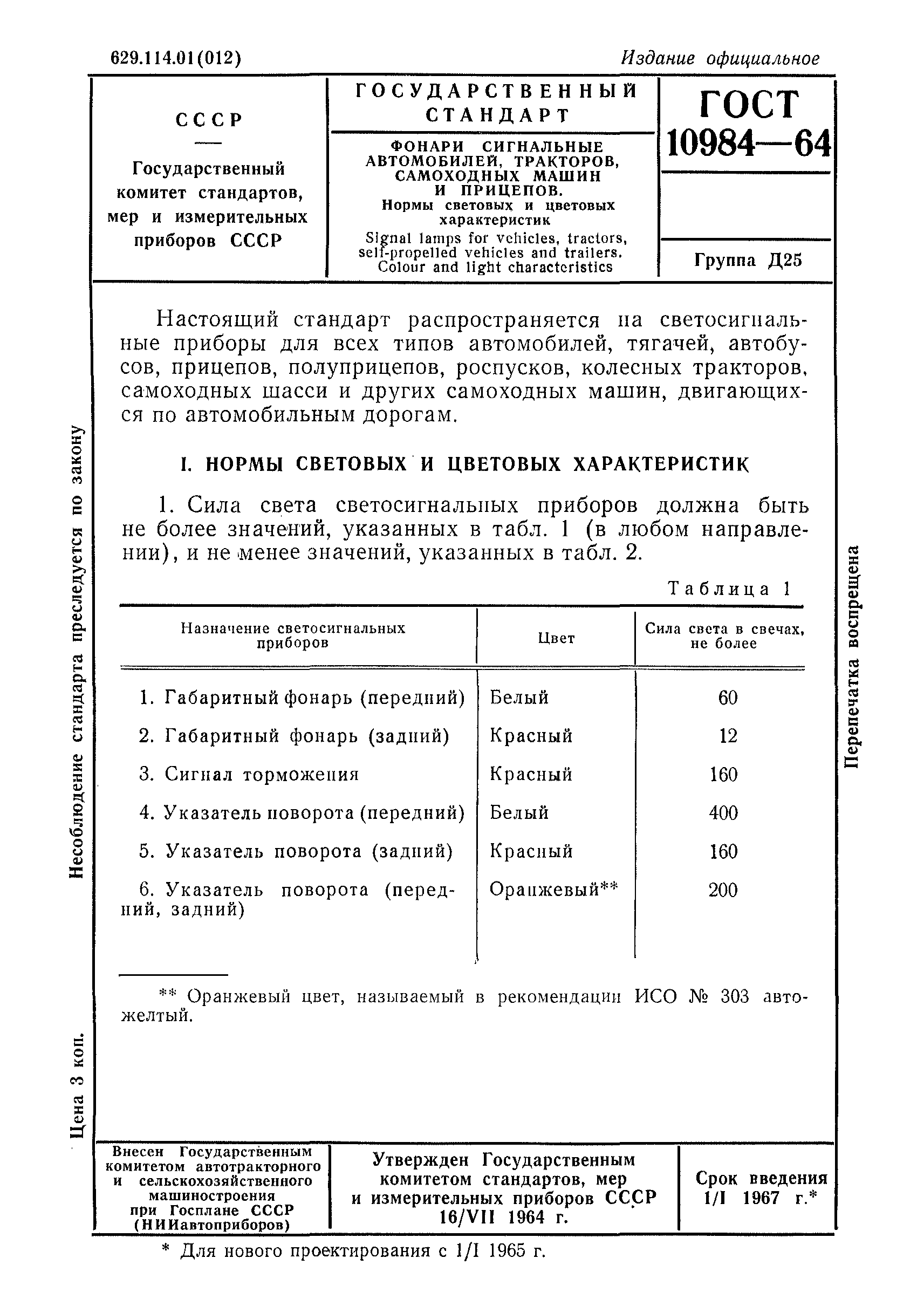 Скачать ГОСТ 10984-64 Фонари сигнальные автомобилей, тракторов, самоходных  машин и прицепов. Нормы световых и цветовых характеристик