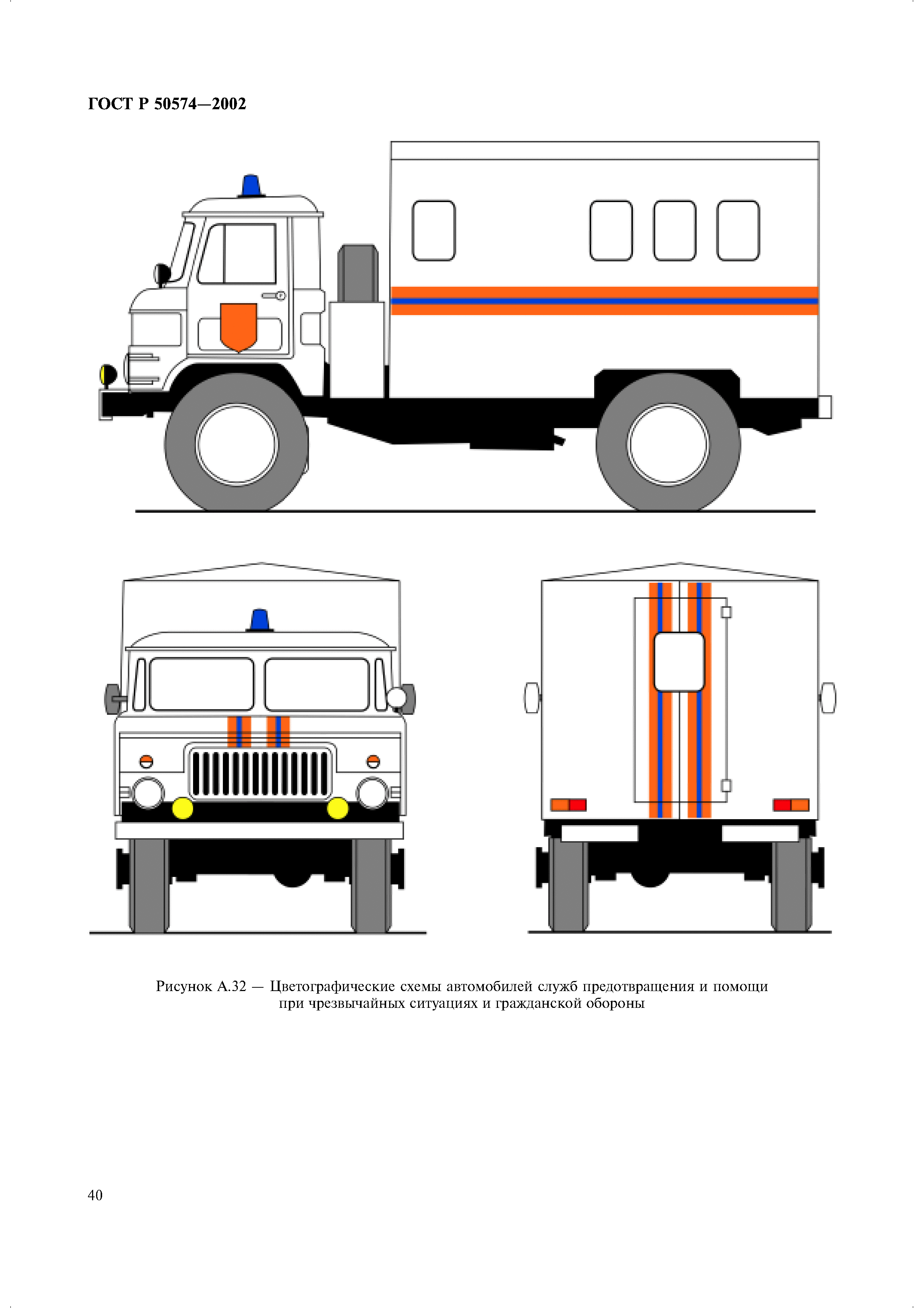 Скачать ГОСТ Р 50574-2002 Автомобили, автобусы и мотоциклы оперативных  служб. Цветографические схемы, опознавательные знаки, надписи, специальные  световые и звуковые сигналы. Общие требования