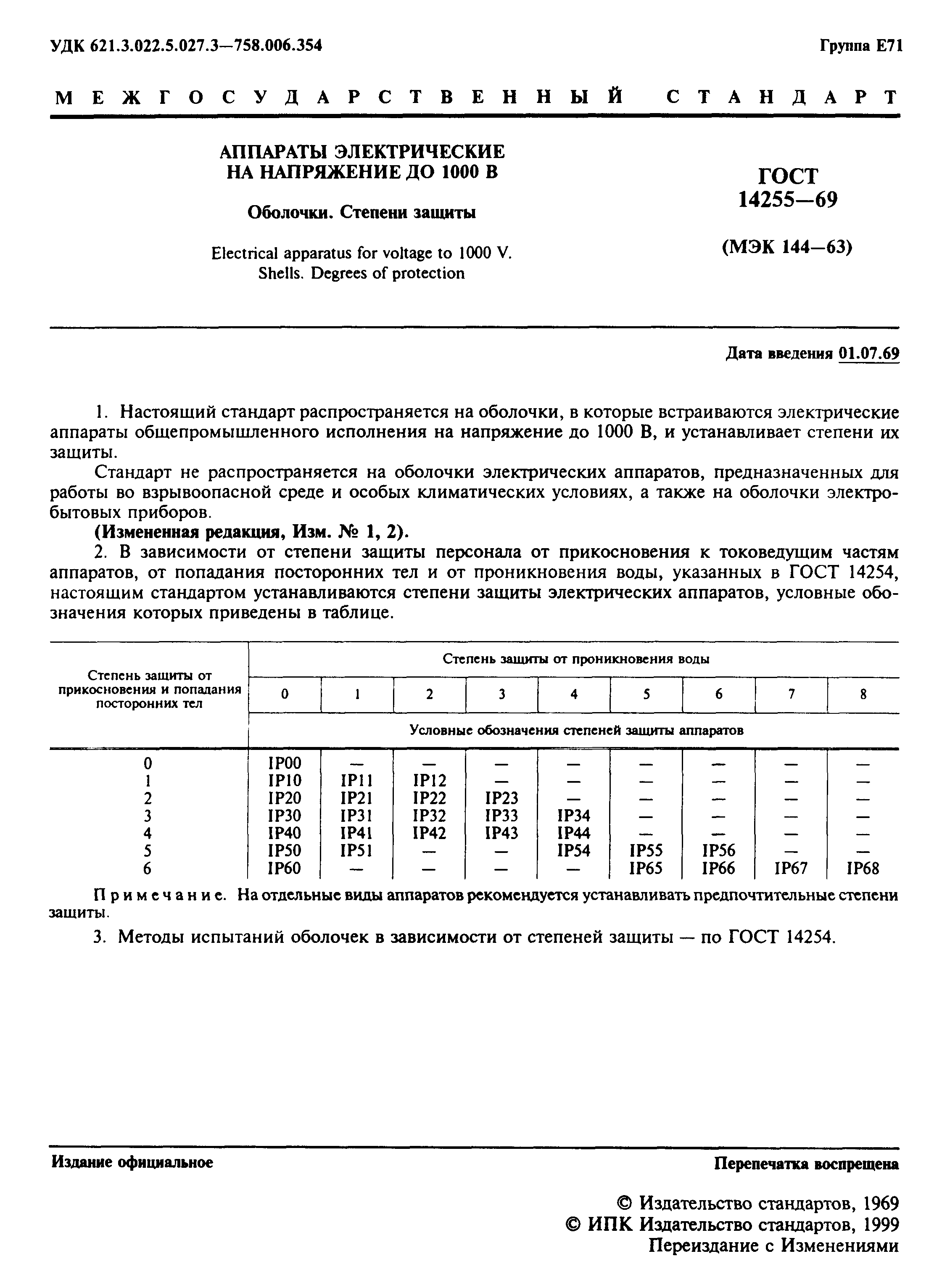 Скачать ГОСТ 14255-69 Аппараты электрические на напряжение до 1000 В.  Оболочки. Степени защиты