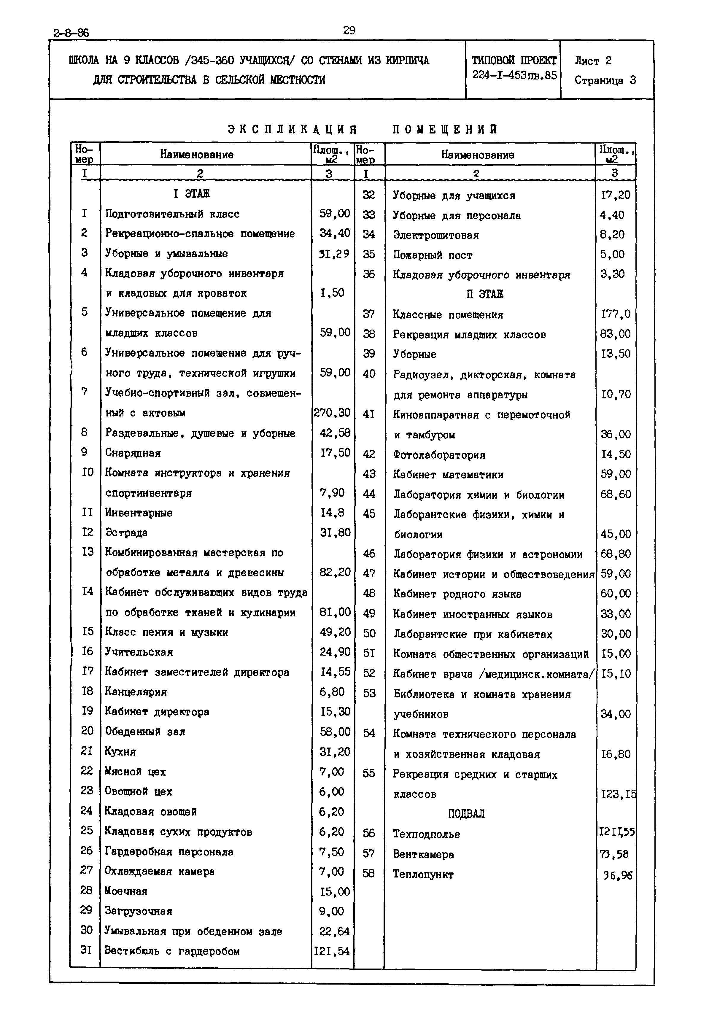 Скачать Типовой проект 224-1-453пв.85 Школа на 9 классов (345 - 360  учащихся) со стенами из кирпича для строительства в сельской местности